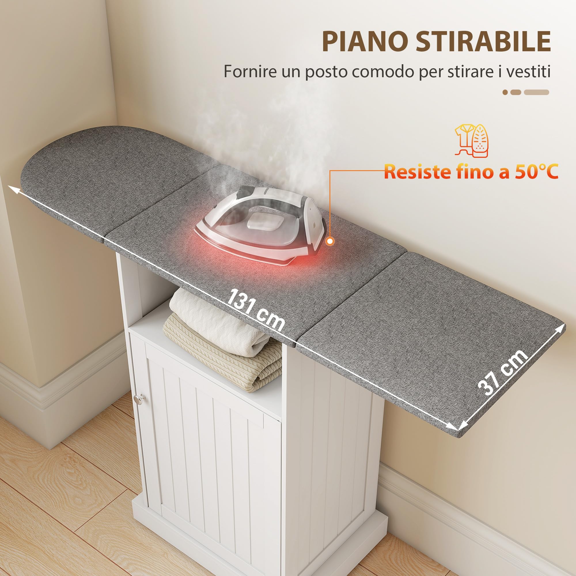 HOMCOM Mobile Asse da Stiro Salvaspazio Pieghevole con Ruote a Freno, Mobile da Stiro Multiuso con Vano Aperto, Ripiano Regolabile, per Lavanderia e Bagno, 121x37x89 cm, Bianco