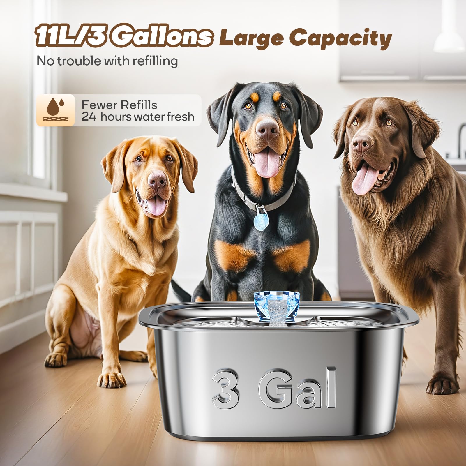 Dog Water Fountain, 3 Gallons/11L Stainless Steel Dog Water Dispenser for Pet Water Fountain with 2 Pack Vertical Filter,Large Capacity Automatic Water Fountain for Dogs and Cats Water Drinking Bowls