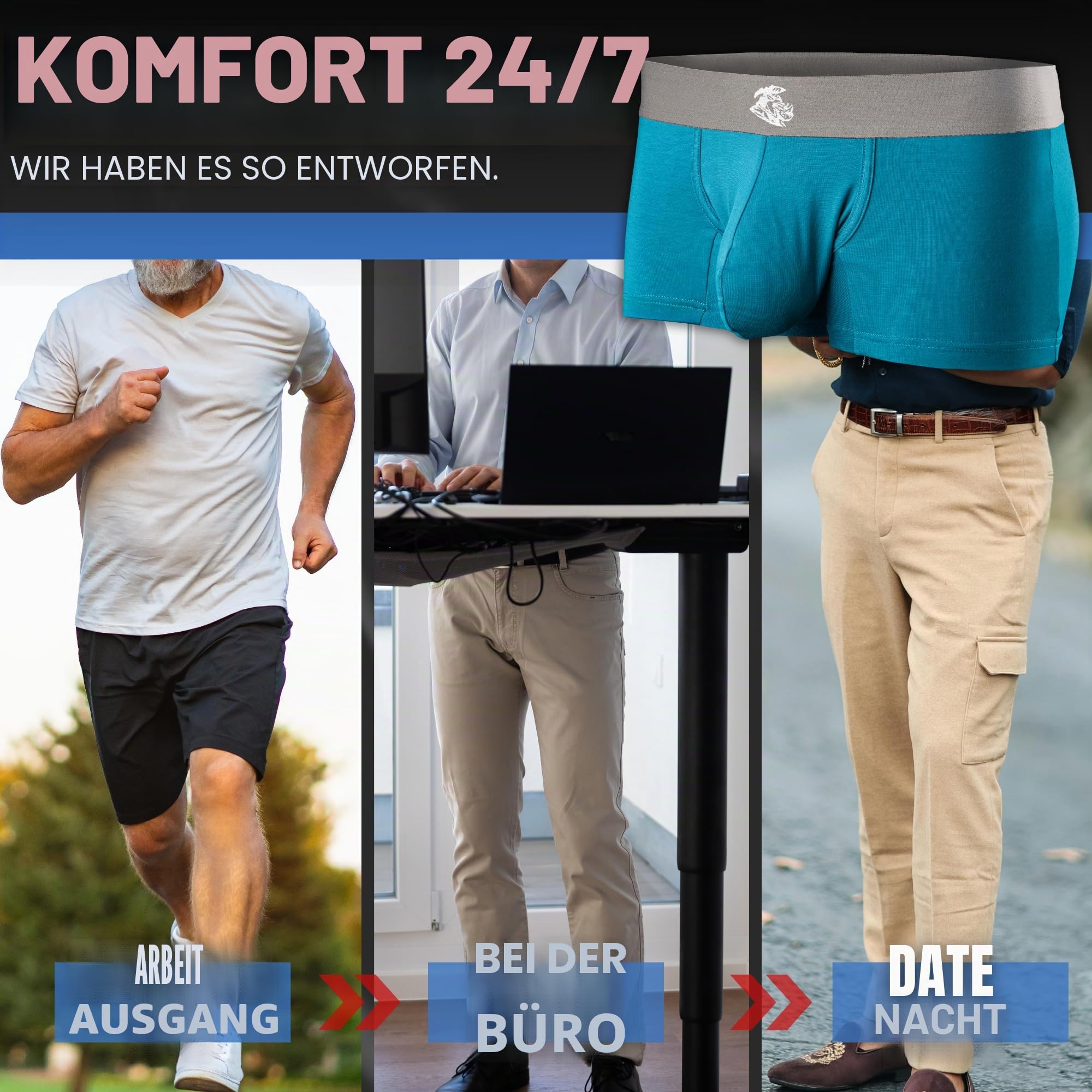 Real Men Bulge Enhancing Pouch Unterwäsche für Herren - 1 oder 3er Pack Set - Modal Boxershorts ABCD Pouch, C Pouch 7,6 cm 3er-Pack - Schwarz Blau Grau, Medium