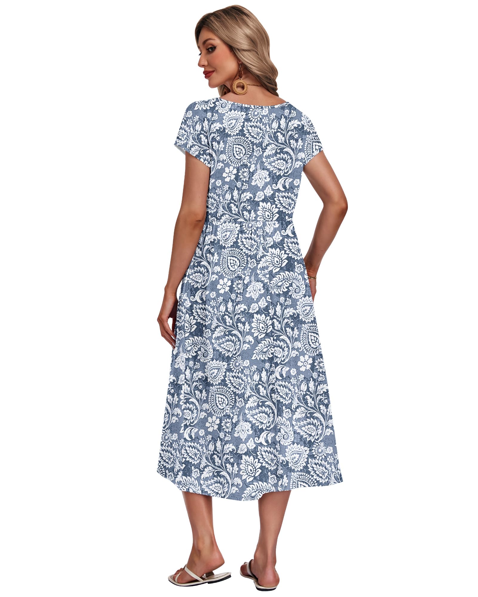 AUSELILY Vestido Verano Manga Corta y Largo Midi para Mujer Vestidos Holgado con Cuello Redondo y Bolsillos