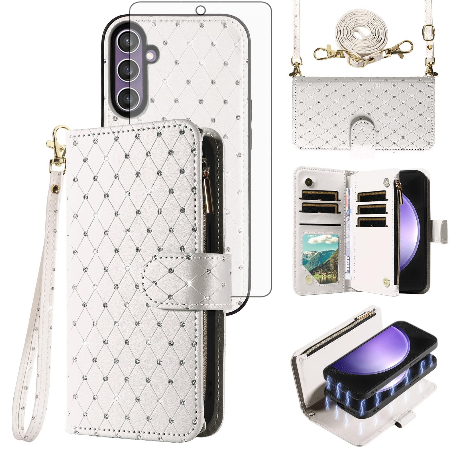 Asuwish Compatible with Samsung Galaxy S23 FE 5G Wallet Case Zipper Cell and Tempered Glass Screen Protector Crossbody Strap Glitter Flip Card Holder