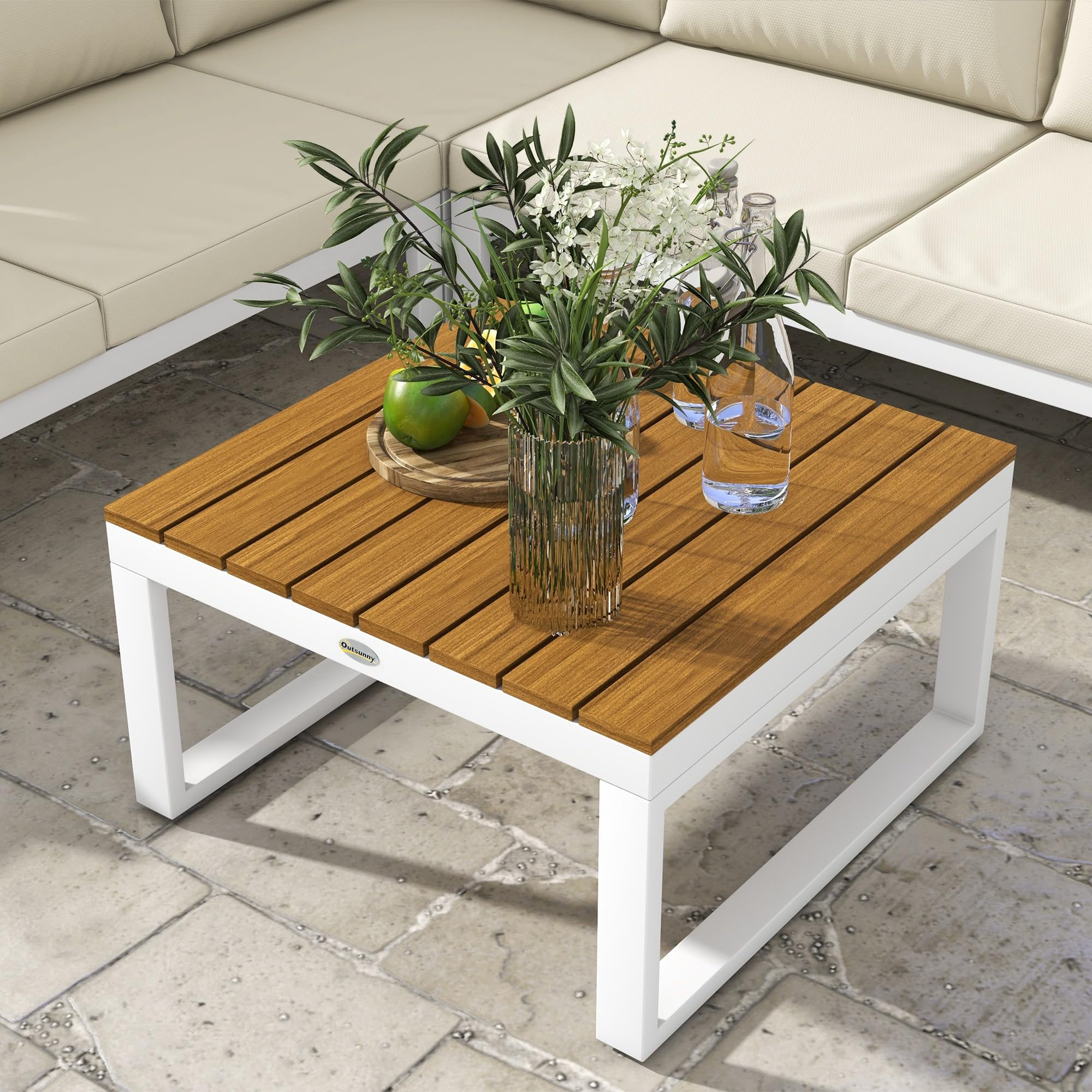 Outsunny Conjunto de Muebles de Jardín Exterior 4 Piezas Juego de Muebles de Terraza Incluye 2 Sofás Dobles 1 Sofá Esquinero Reclinable y Mesa de Centro Mesita Lateral con Cojines para Patio Crema