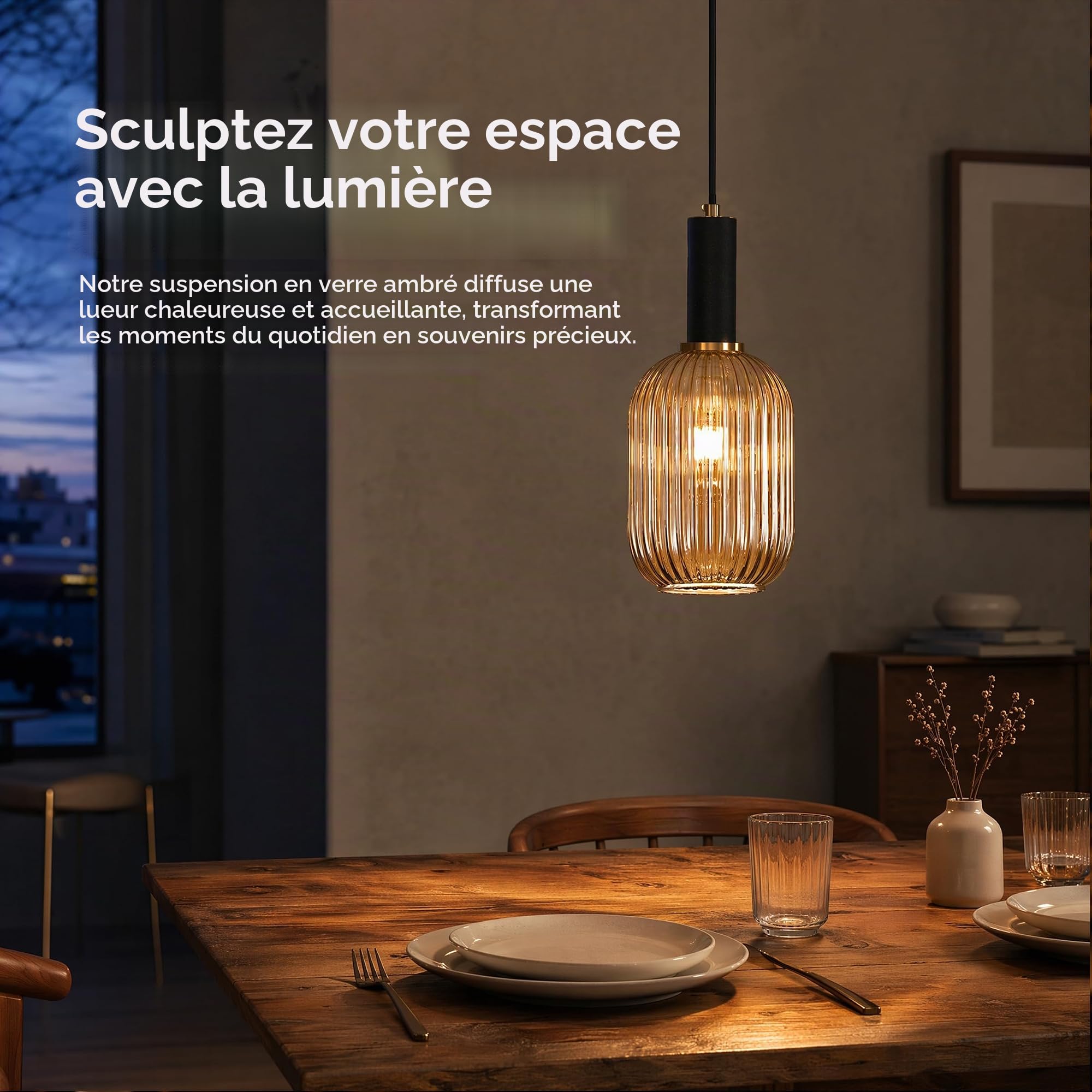 ESKED Suspension Moderne en Verre Strié avec Douille E27, Luminaire Suspendu pour Îlot de Cuisine, Salle à Manger, Chambre (Ambré, 13cm)