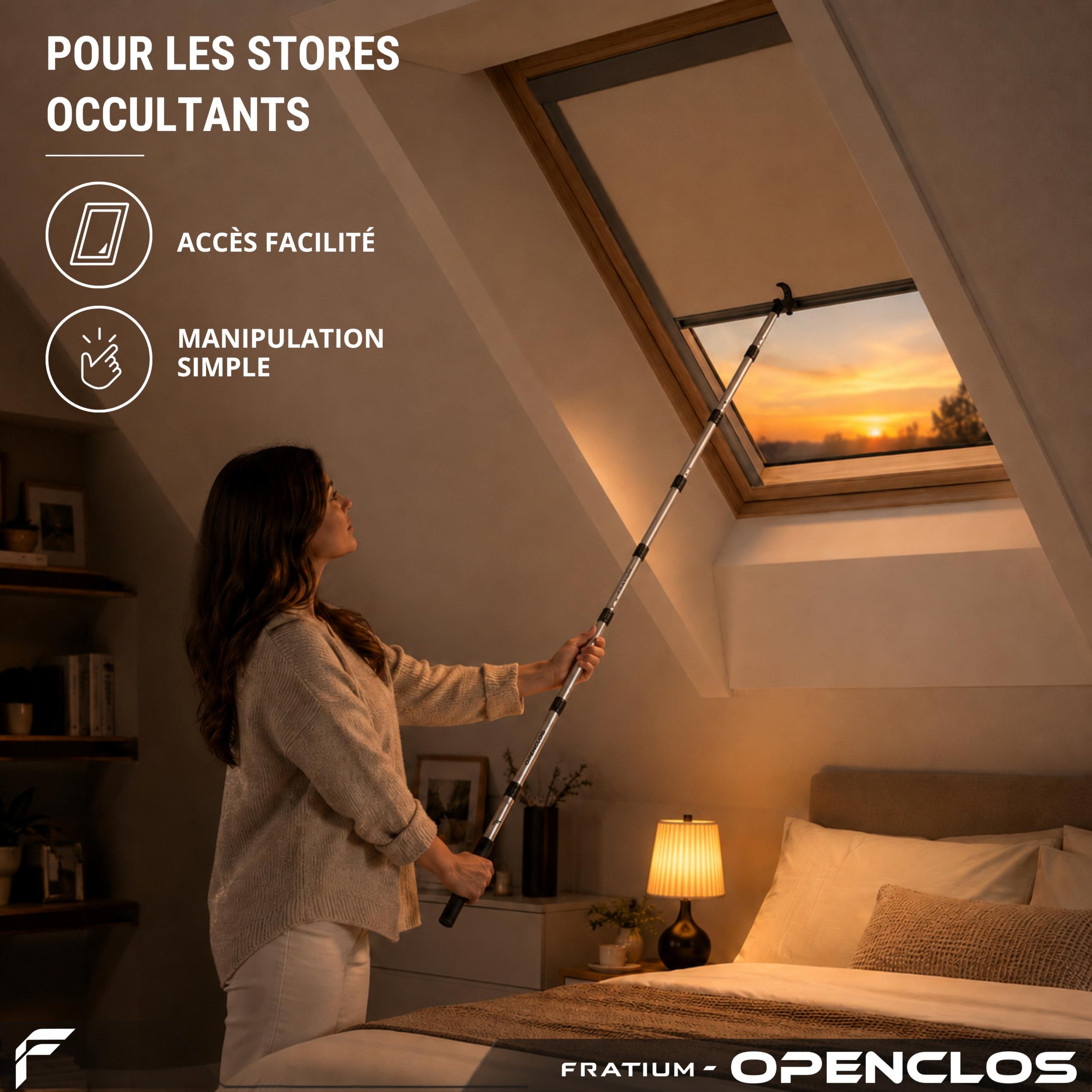OPENCLOS Perche Canne Barre pour Fenêtre de Toit, Store Occultant, Moustiquaire, Compatible Velux GGL, GGU, GPU, GHL | Crochet Anti-Dérapant, 7 Sections Aluminium, 182 cm