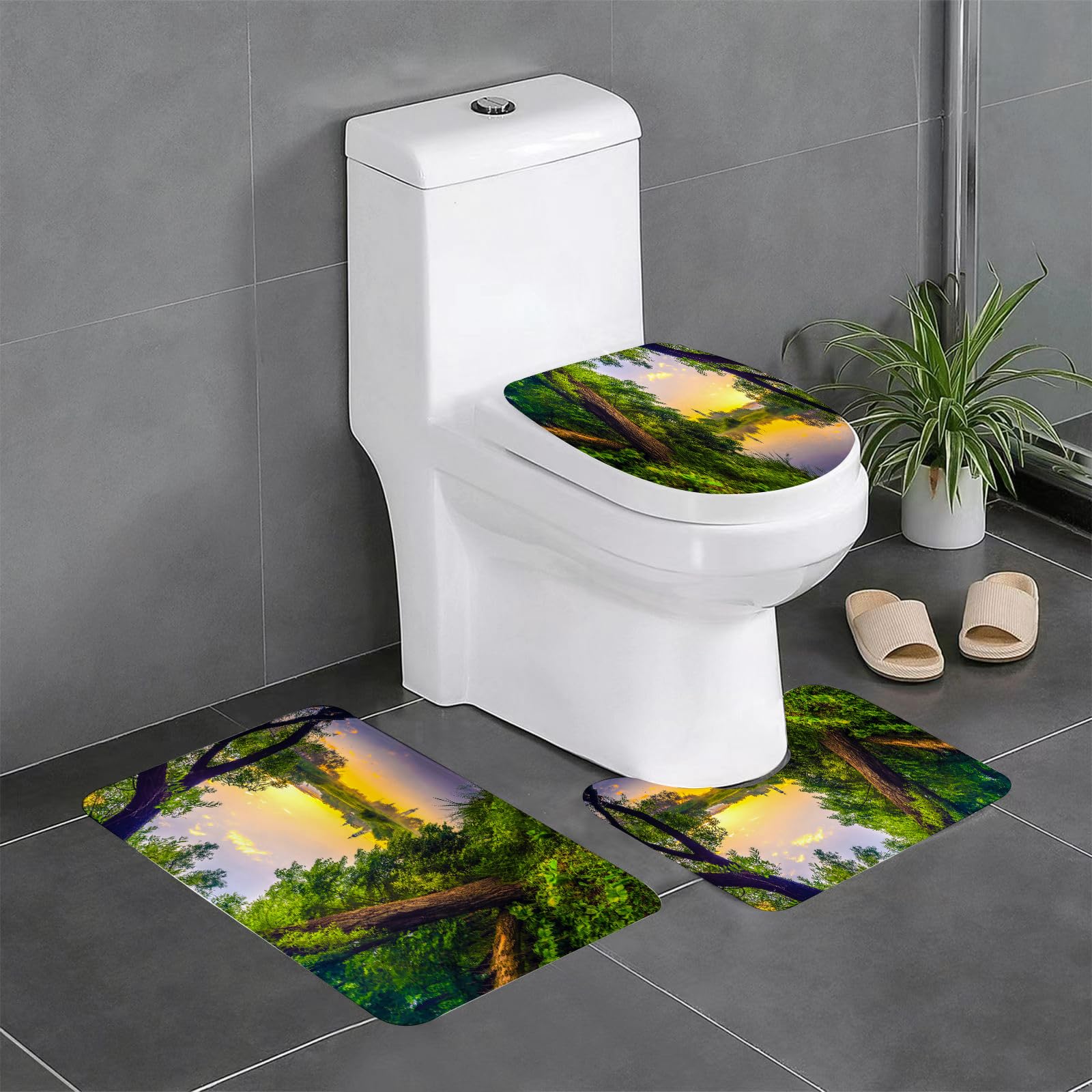 Set di 3 tappetini da Bagno, Lavabili in Lavatrice e Antiscivolo, in Morbida Fibra Superfine. Paesaggio Estivo Rurale con Tramonto sul Fiume e Vista della Nebbia sulla Riva della f