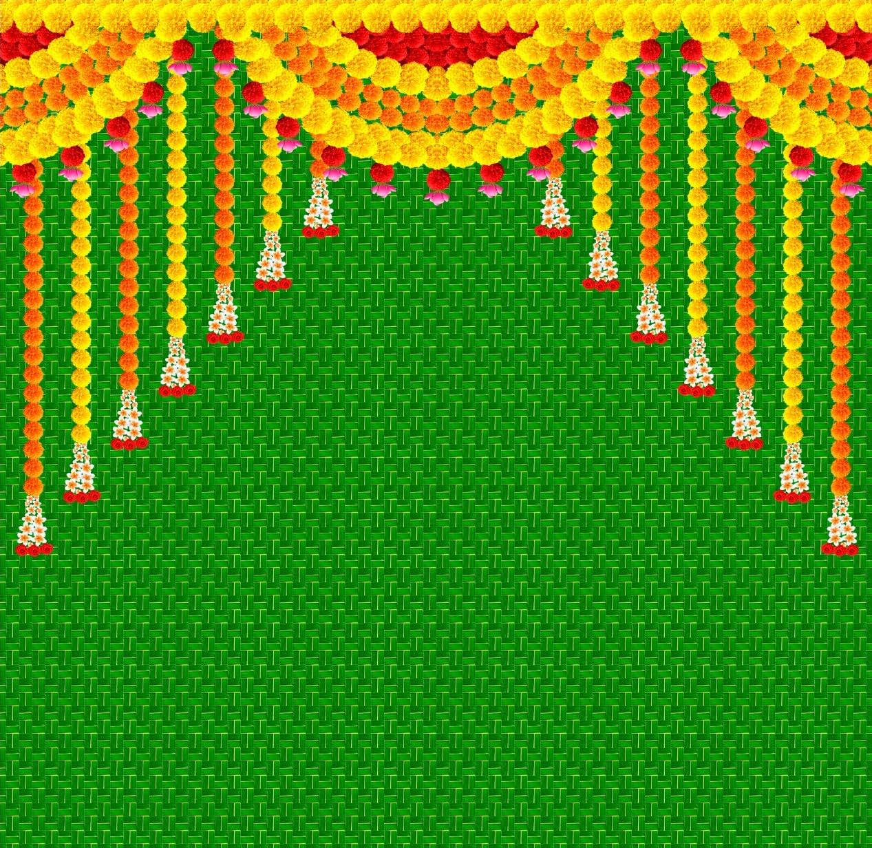 Lakshmi Devi Backdrop Cloth for Decoration, | Coconut Leaf Design Pooja Decoration Backdrop Cloth with Marigold Garlands 5x5 Feet | Pooja backdrops-picture-23