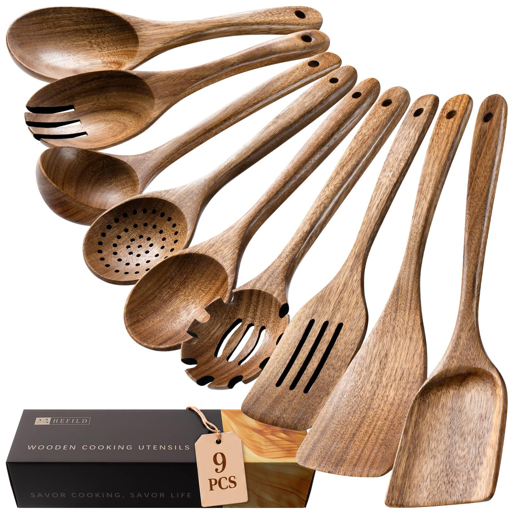 Wooden Spoons for Cooking, 9-Piece Acacia Wood Cooking Utensil Set
