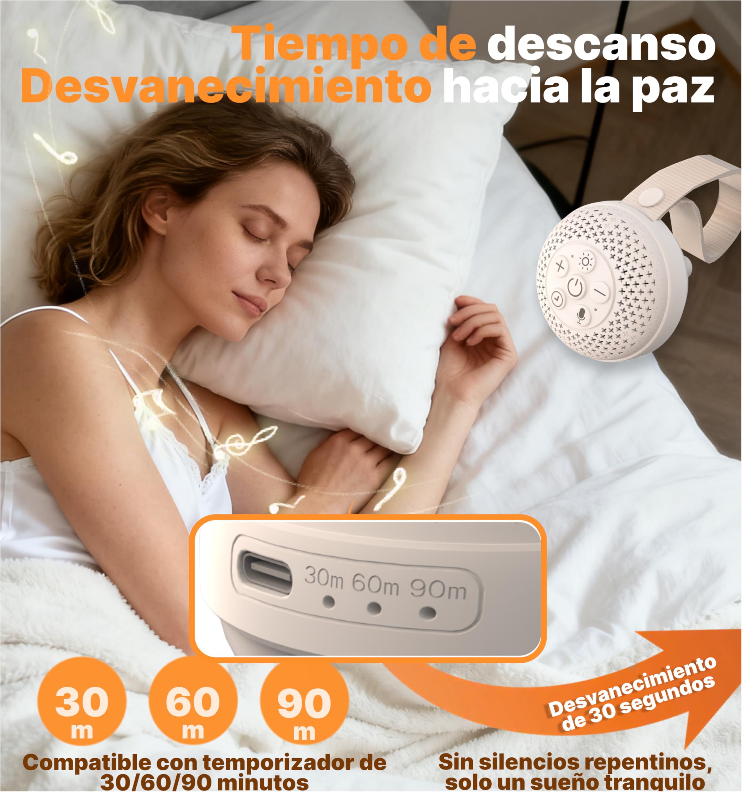 Hmusic Máquina Ruido Blanco, Sueño Bebé, Luz Noche, Temp 60H | Máquina Sonido Portátil Adultos, Batería 20-60H, Temporizador, Luz 3-Brillos, Guardería, Viaje
