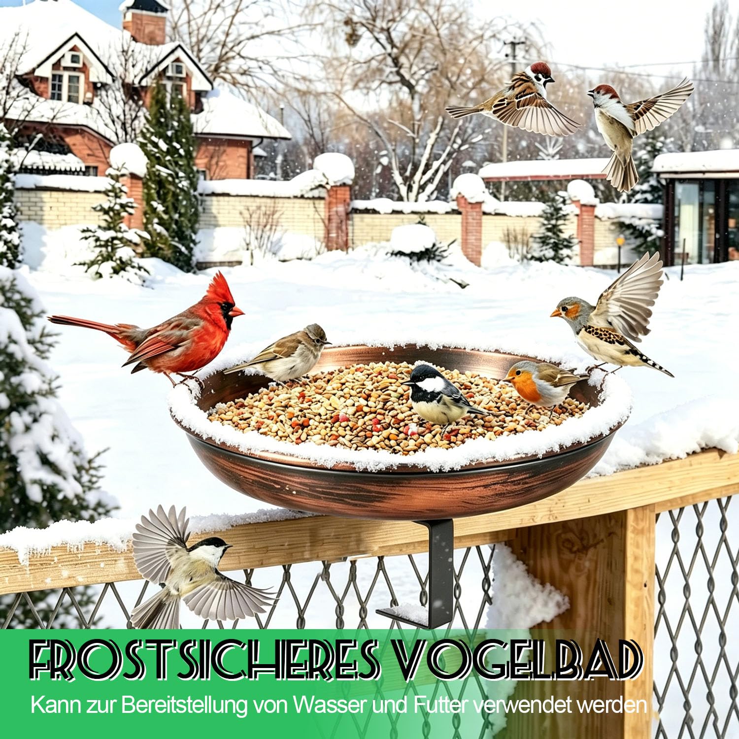 YU0LYEF Metall Vogeltränke für Balkongeländer, 30 cm Winterfest Vogelbad, Wetterfeste Wassertränke für Garten und Balkon, Vintage Design