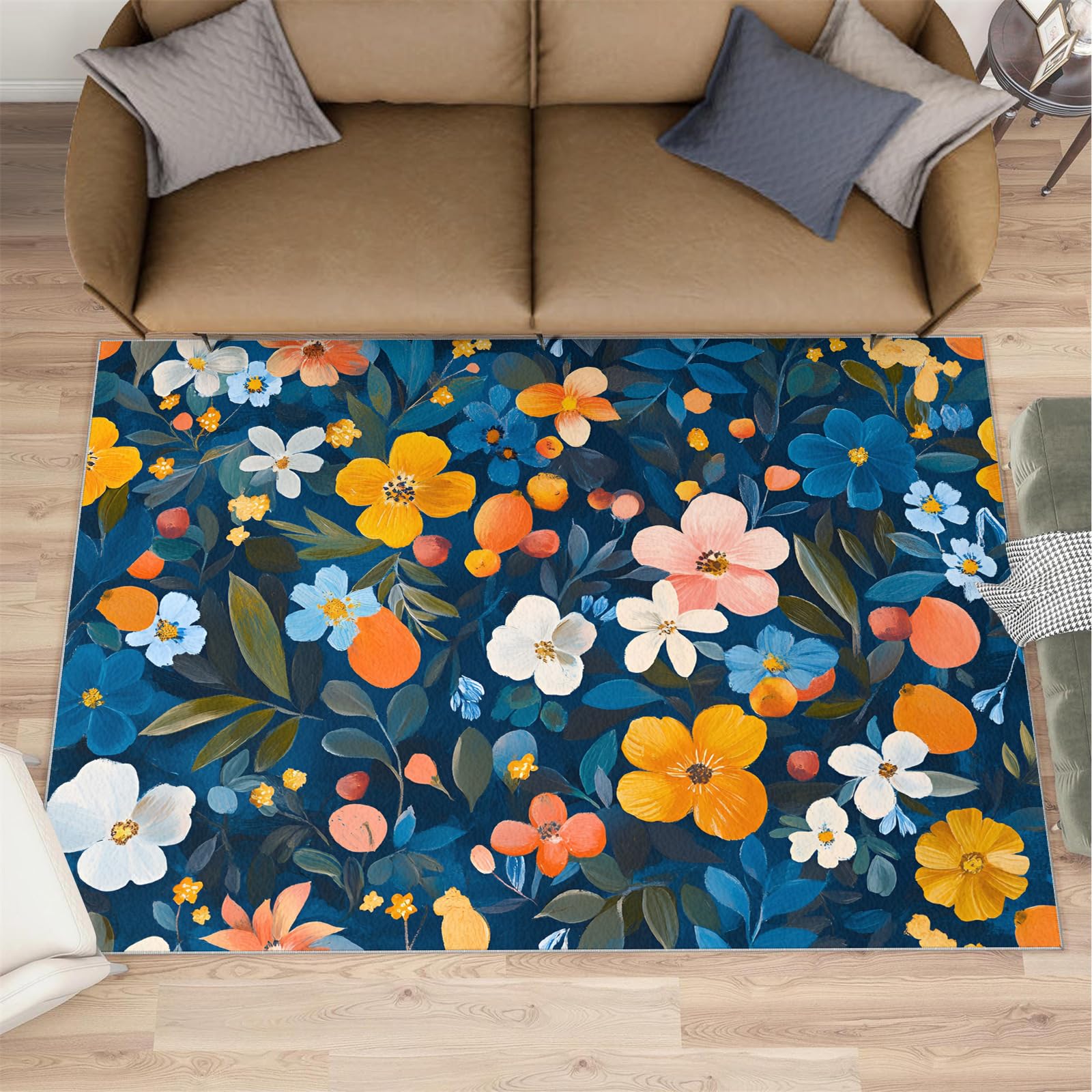 Tapis à motif floral pour décoration d'intérieur et cadeaux, 180 x 200 cm, tapis lavable pour chambre à coucher, tapis d'intérieur antidérapant et à poils bas, aquarelle rustique floral