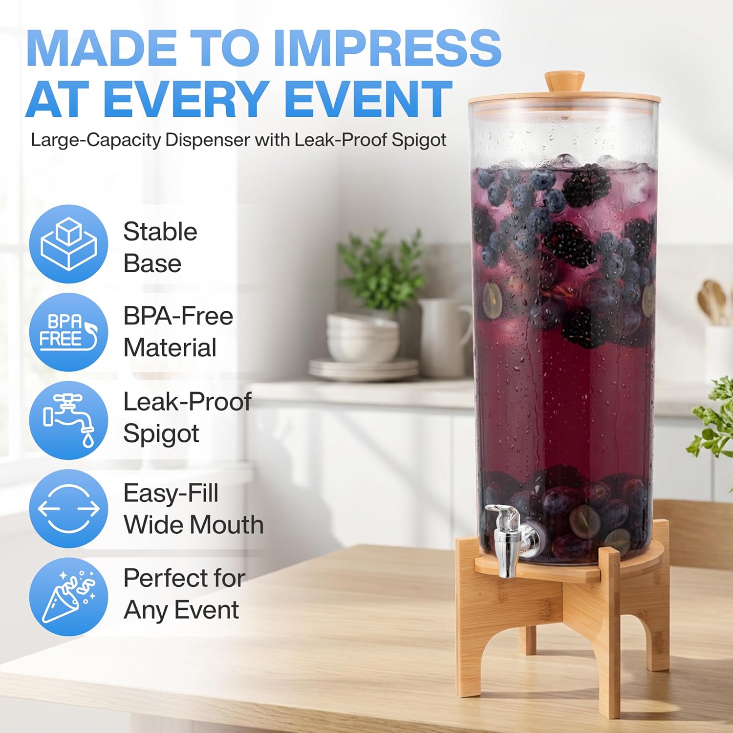 Drink Dispenser with Bamboo Stand & Spigot (2.5 Gallon) Large Plastic Beverage Dispenser for Parties, Cocktails, Juice, Lemonade, Water, Soda, Sangria & More, Easy to Assemble & Wash, for Counter Top - Image 4