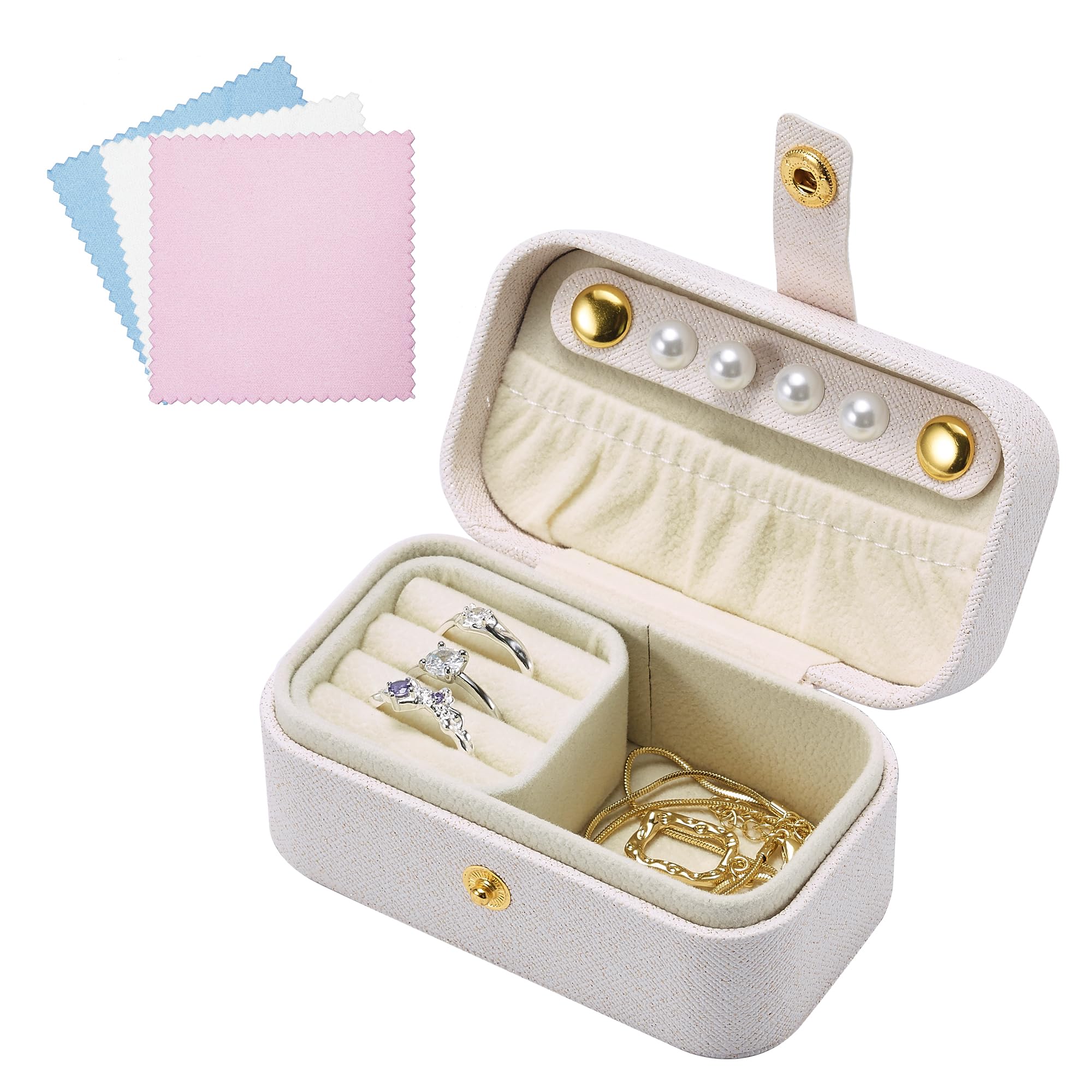 DOZNOZRIDOZNOZRI Mini Jewellery Box Organiser, Portable PU Leather Travel Storage Case with 3pcs Silver Polishing Cloth for Necklace Rings Earrings Gift Box for Girls Women Mother (Mini White)