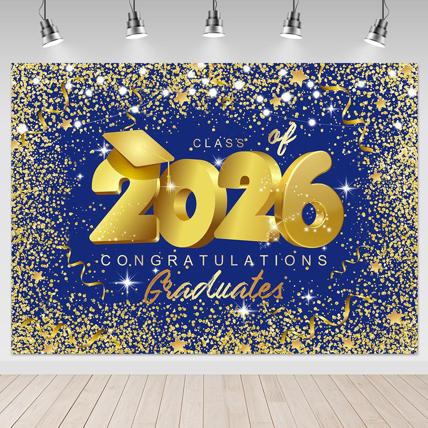 Mocsicka 8x6ft Class of 2026 Backdrop - Royal Blue Graduation Gold Congrats Grad Party Backdrops, Graduate Party Decorations Photography Studio