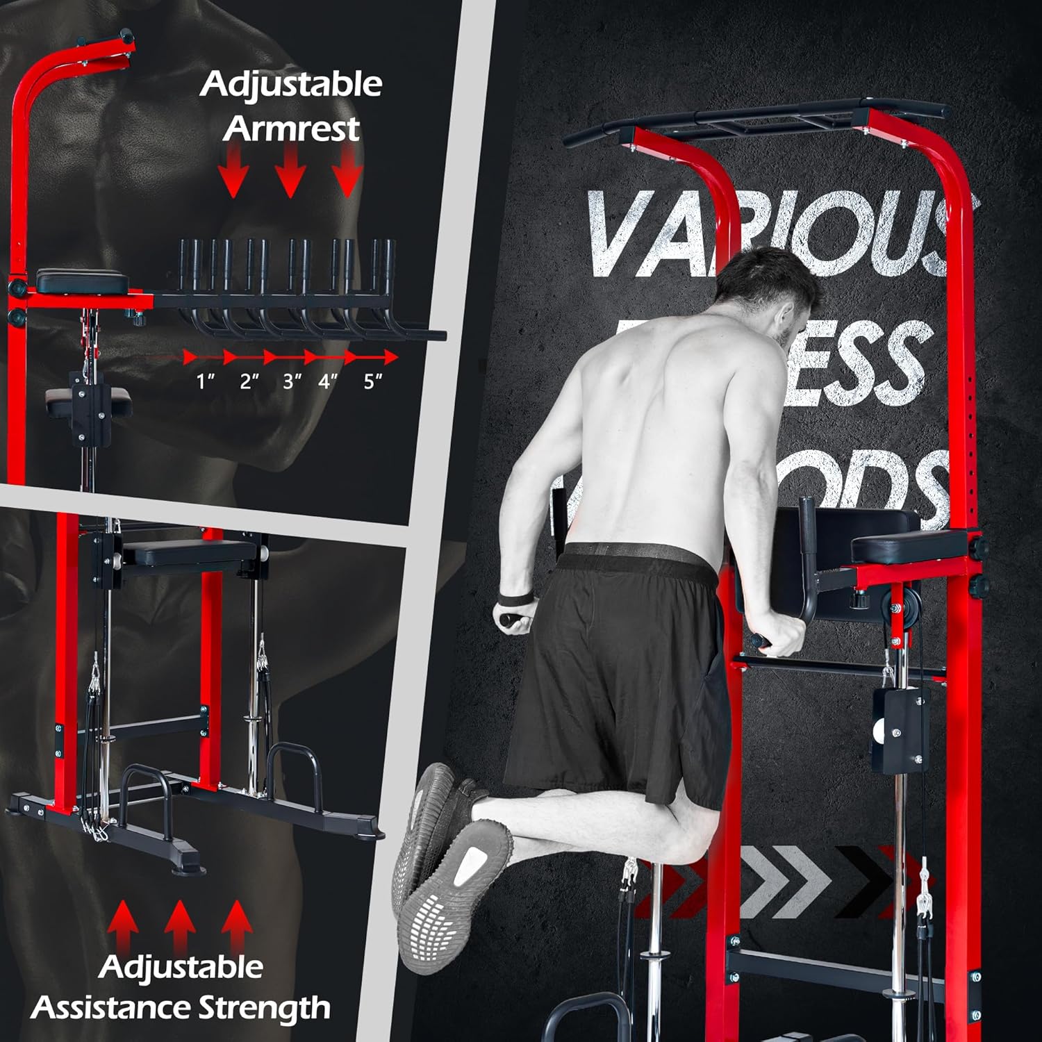 Dland Power Tower Dip Station Pull Up Bar Exercise Tower, Multifunctional Adjustable Height Training Equipment for Home Gym, Free Standing Assisted Fitness Workout Pullup Rack Station Machine