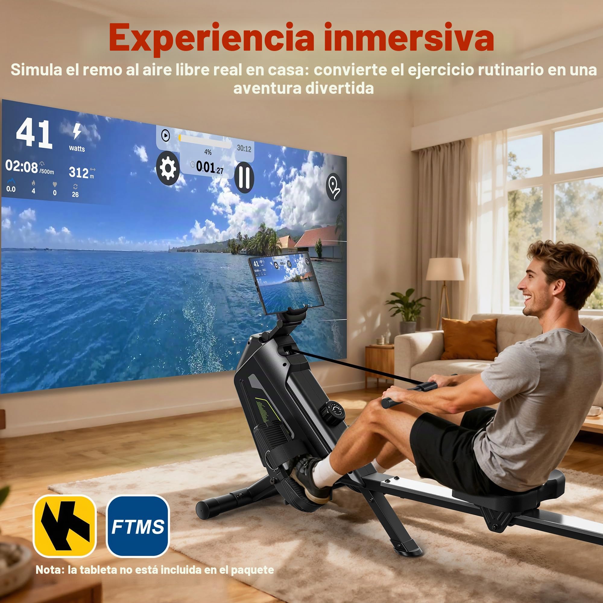 Máquina de remo para el hogar – 16 niveles de resistencia, silenciosa máquina de remo magnética con aplicación, capacidad de carga de 160 kg, fácil montaje, compacta y ahorra espacio