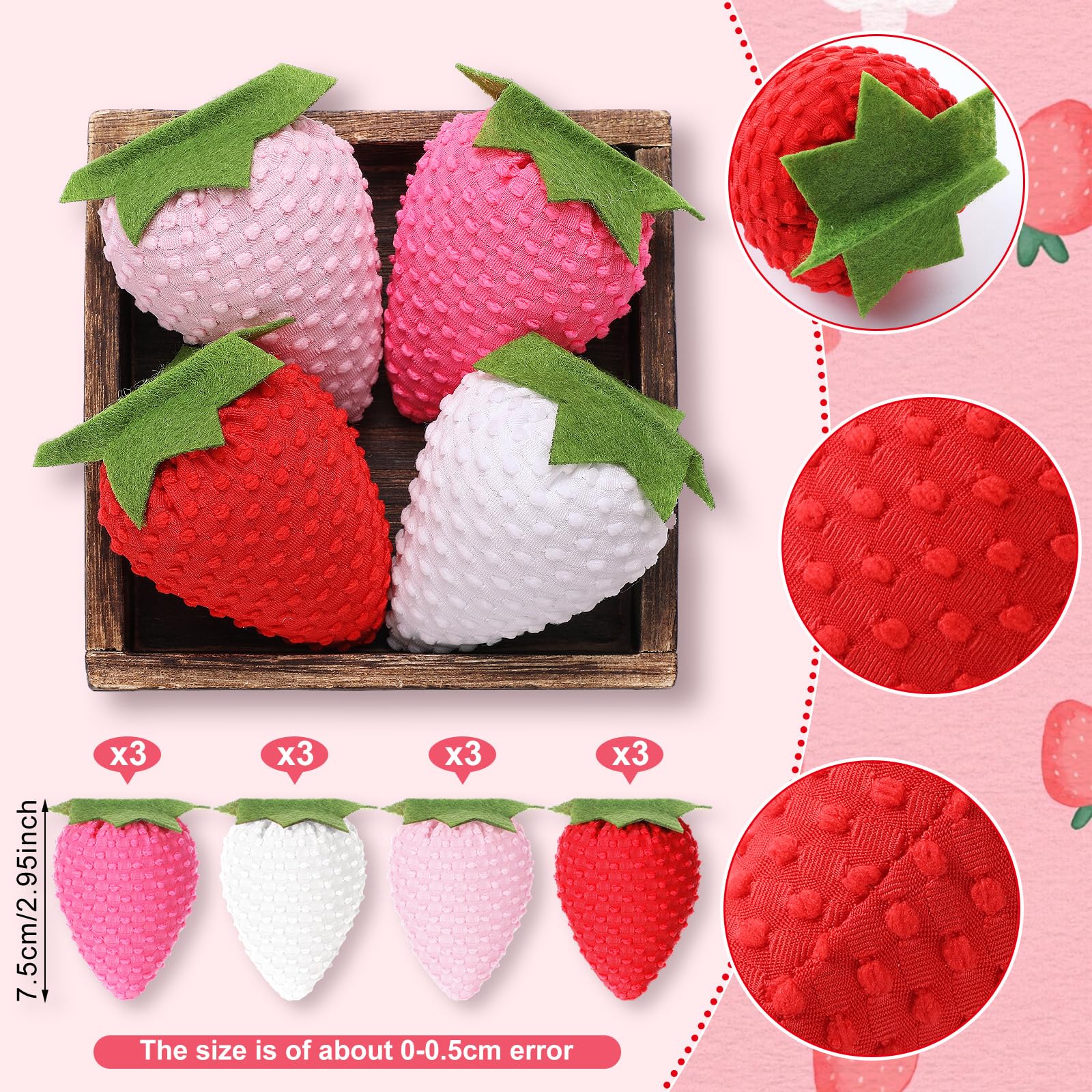 Wonderjune 12 Pcs Artificial Fabric Strawberries Decor Fake Fabric Strawberries Bowl Filler for Spring Home Farmhouse Ornaments Wedding Kitchen Home Decor