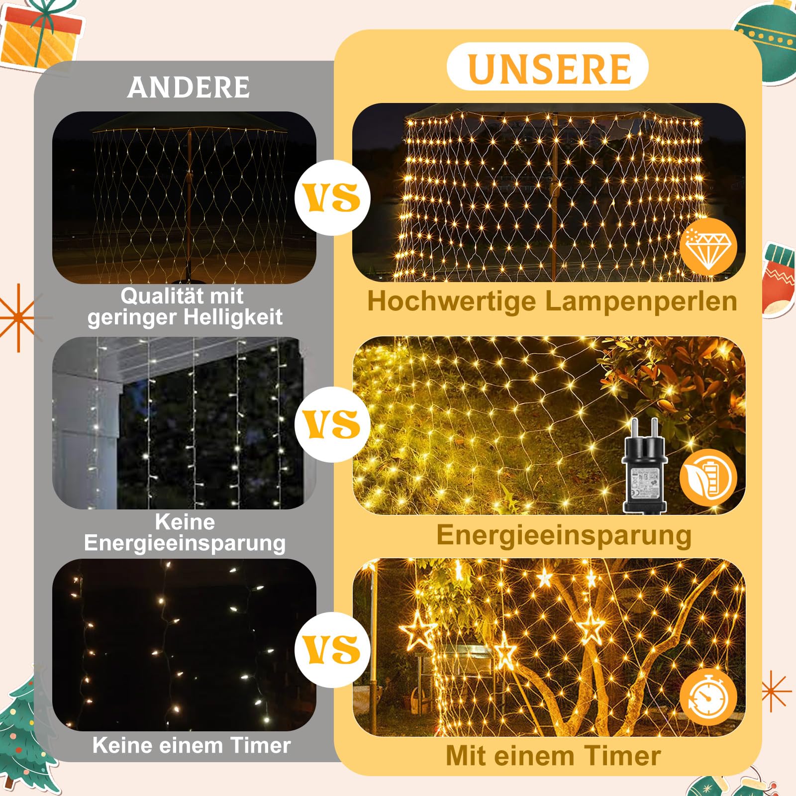 Rete luminosa per esterni, 6 x 4 m, 660 LED, rete con timer, 8 modalità di illuminazione e funzione di memoria, IP44, impermeabile, bianco caldo