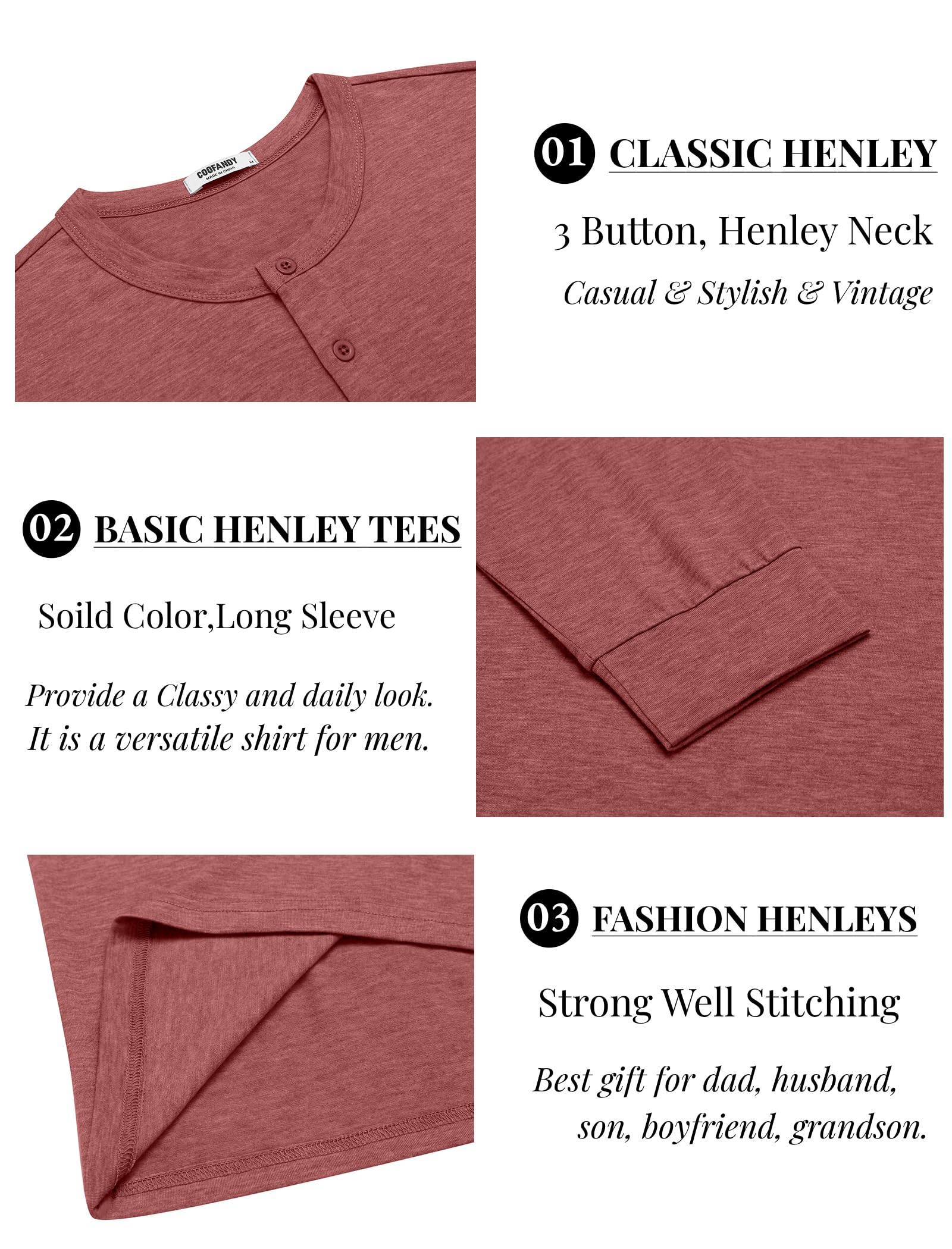 COOFANDY Henley, maglietta da uomo a maniche lunghe, casual, leggera, morbida, elasticizzata, basic