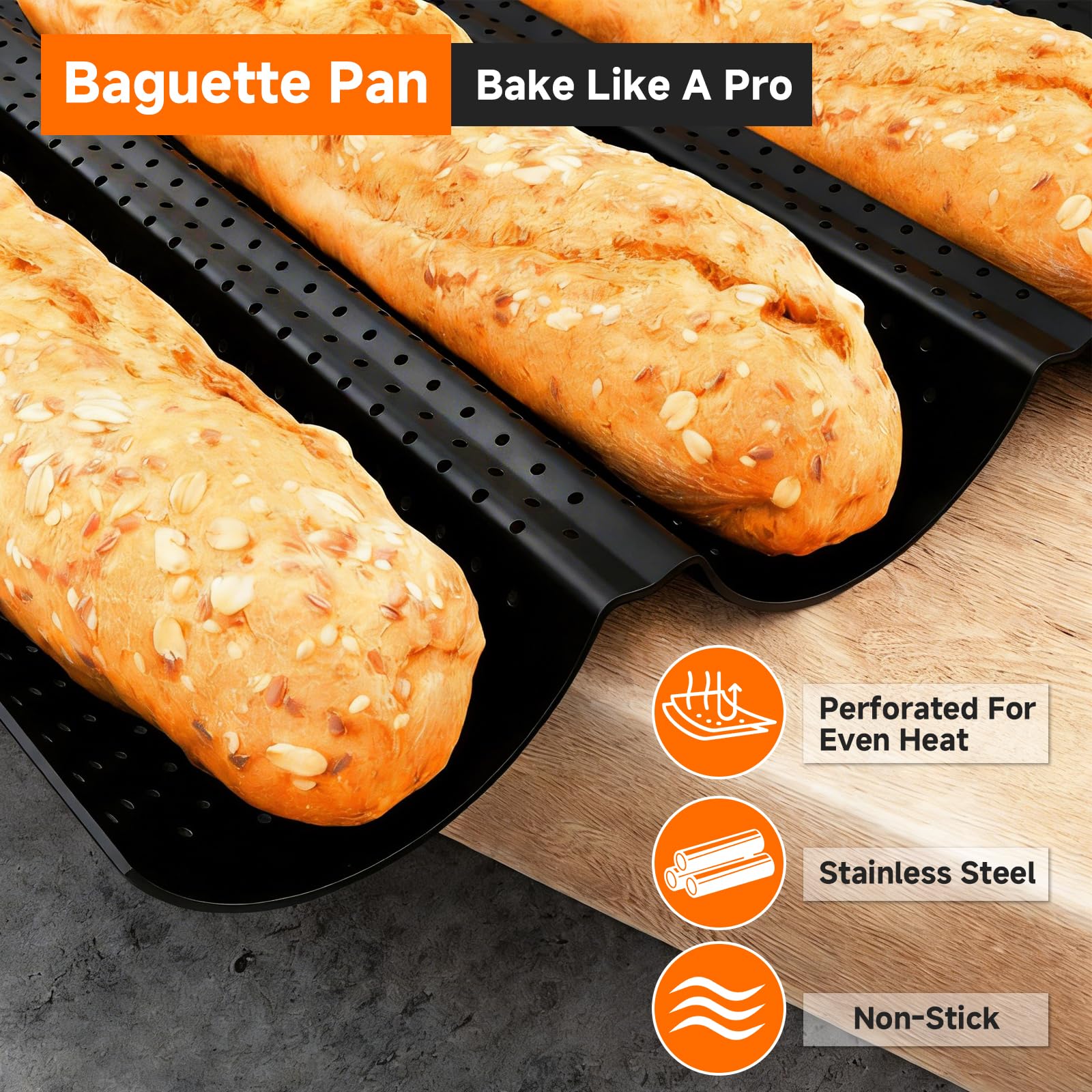 Molde Pan Baguette, Molde Baguette Horno con Revestimiento, Bandeja 3 Piezas Francesas, Panecillos Caseros 38x25 cm, Ideal Hornear Resultado Perfecto Casa Crujiente Uniforme — view 3