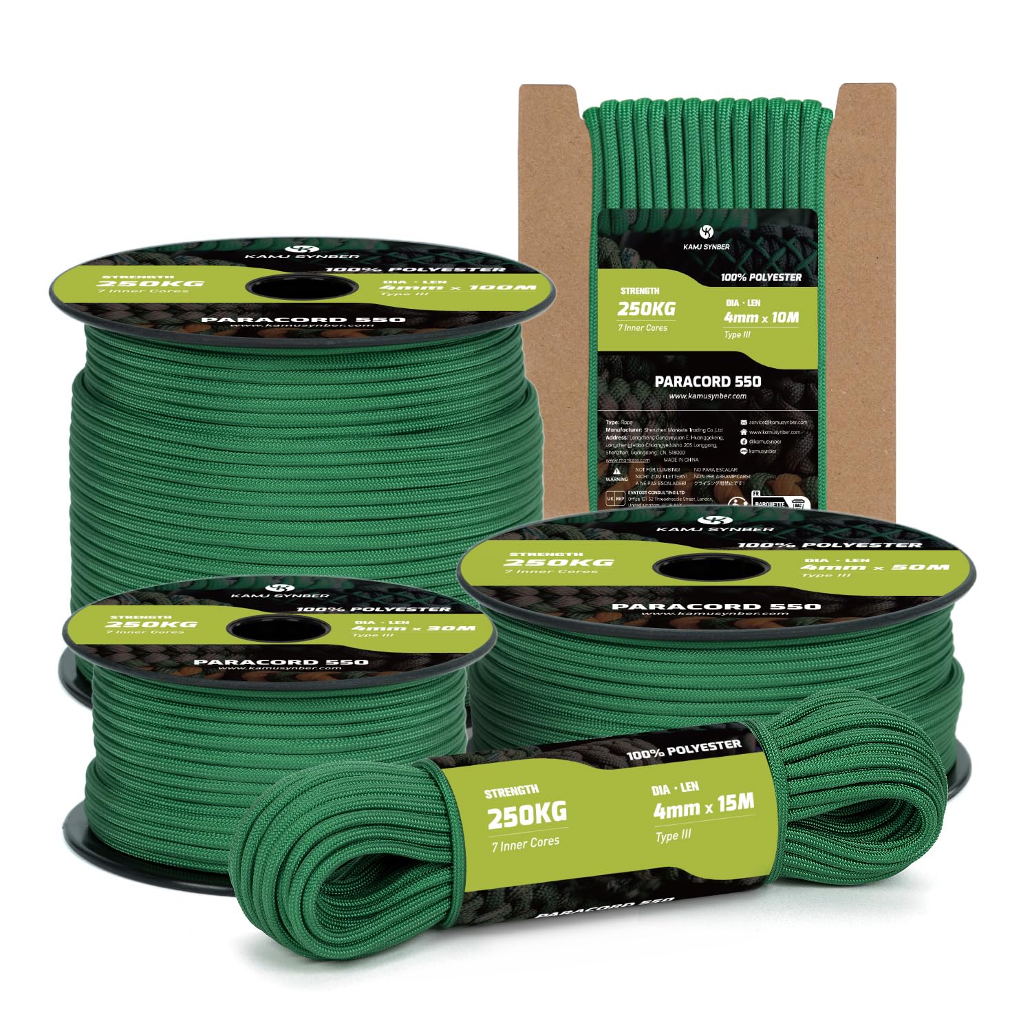 Kamu Synber Paracord 550 Type III 4mm 50m 7 Strands 100% Polyester Rope Parachute Cord Ideal for Crafting, Outdoor, Survival | Support 250kg | Kelly Green