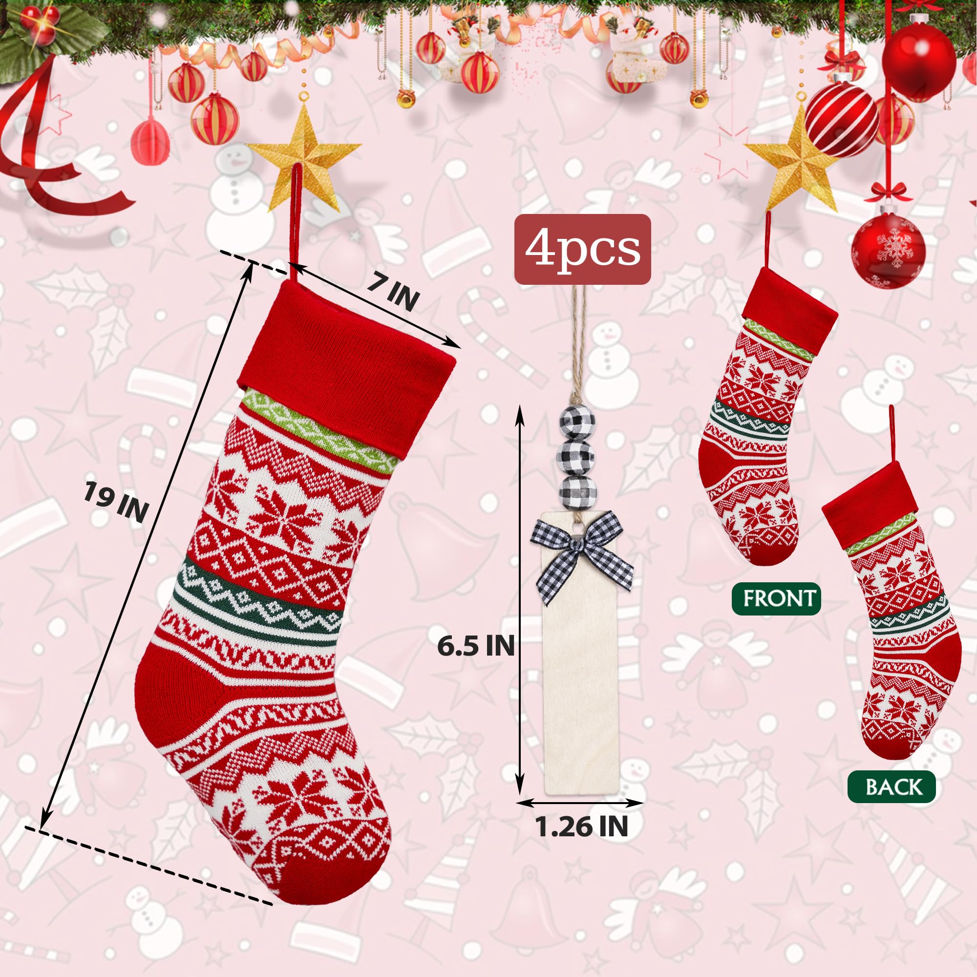 Mostop Confezione da 4 calze natalizie a maglia, 45,7 cm, a treccia, renna, fiocco di neve, pupazzo di neve, calze natalizie con 20 supporti a stella per Natale, vacanze, feste di Natale, decorazioni