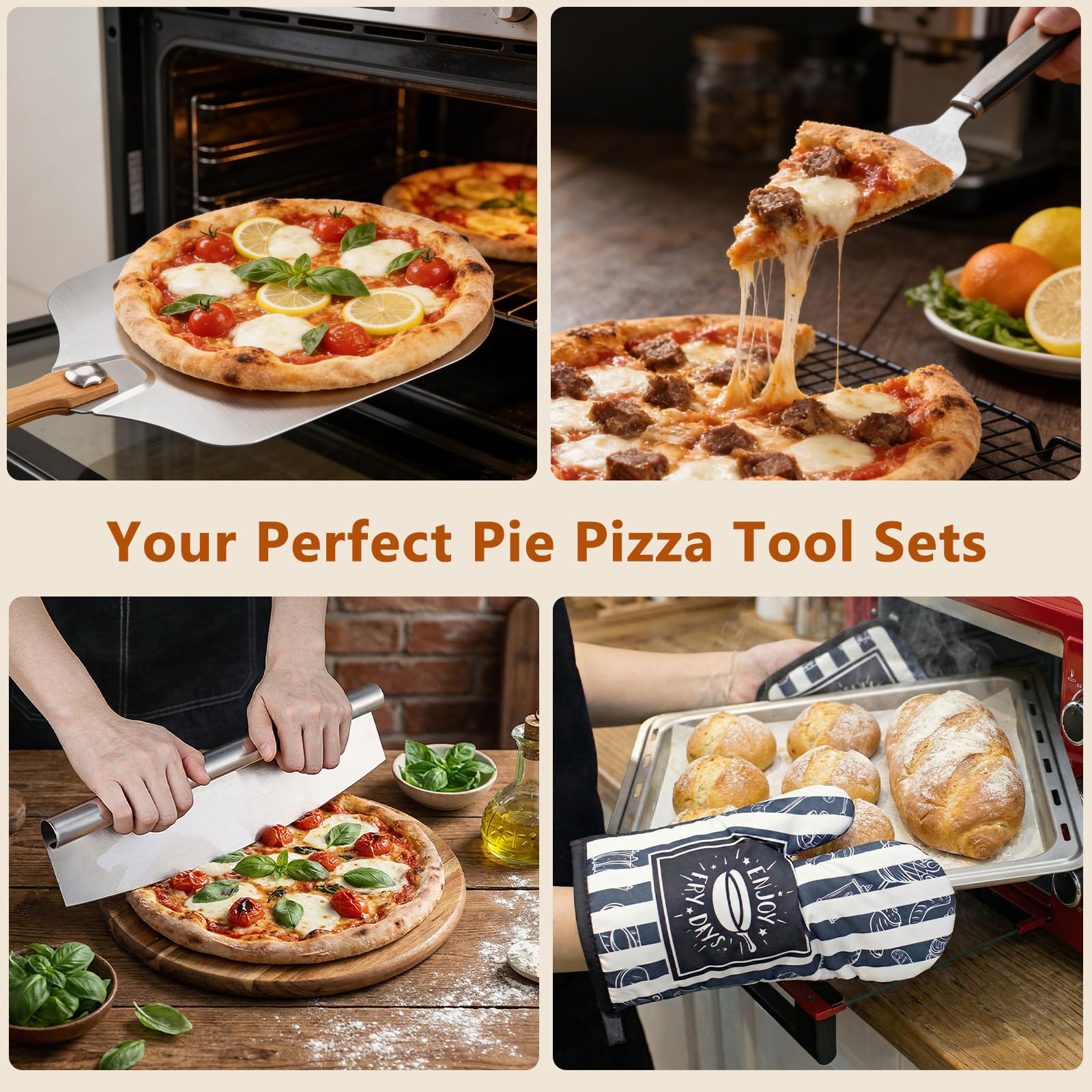 Faltbares Pizzaschaufel und Wippe, 7-teiliges All-in-One-Backzubehör, 30,5 x 35,6 cm, Aluminium-Pizzaschaufel mit Holzgriff, Backhandschuh, Ölpinsel, Küchenhobel, Pizza-Sets