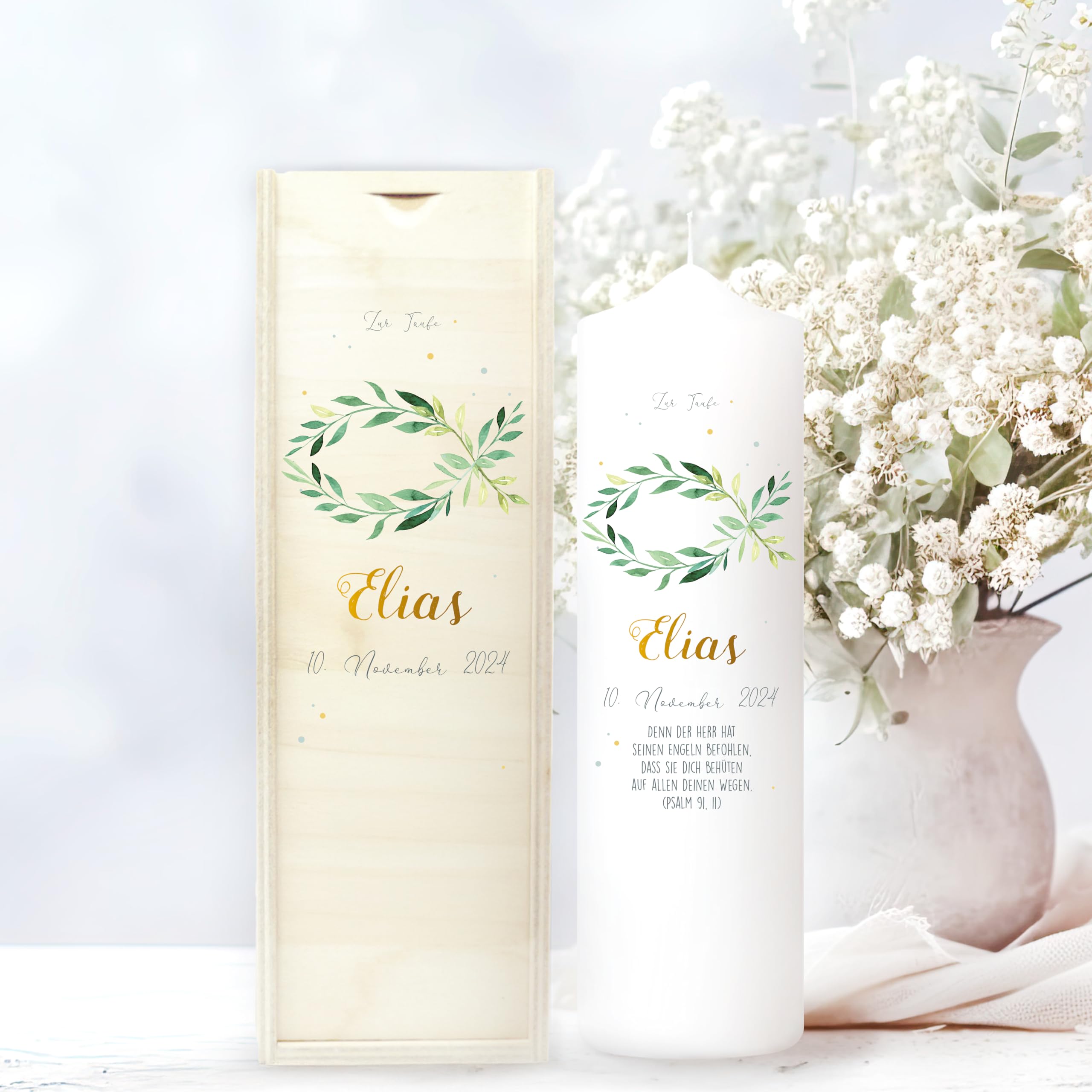 Wandtattoo Loft Taufkerze Mädchen oder Junge mit Taufspruch, Motiv mit Fisch Blätterkranz, 25cm x 7cm, personalisierte Kerze, bedruckte Kerze Taufe, Stumpenkerze, individuelles Taufgeschenk