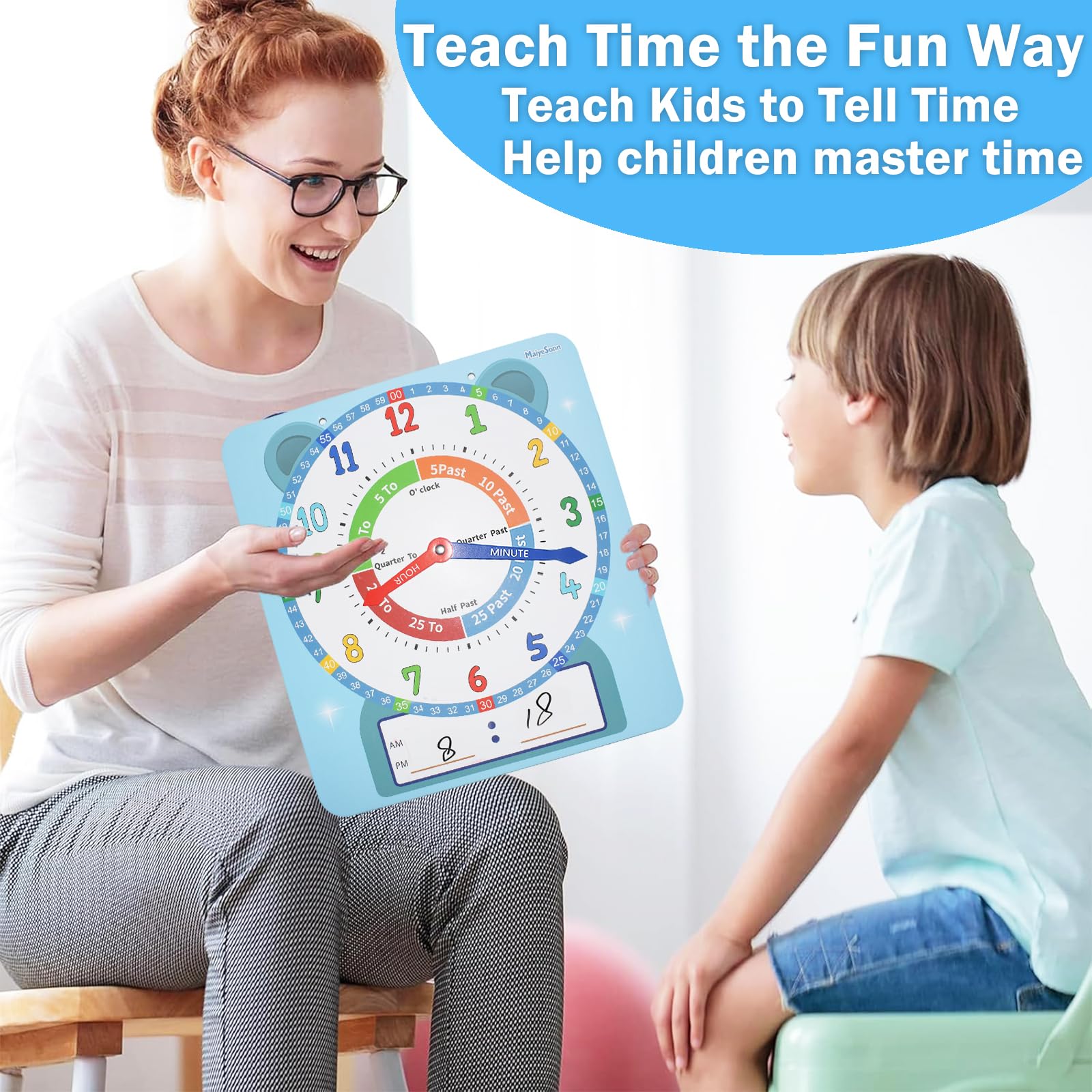 Orologio didattico per bambini, grande, magnetico, scrivibile, cancellabile a secco, con penna, 30,5 cm, orologio dimostrativo per insegnare l'ora per imparare a leggere l'ora per i bambini, a casa
