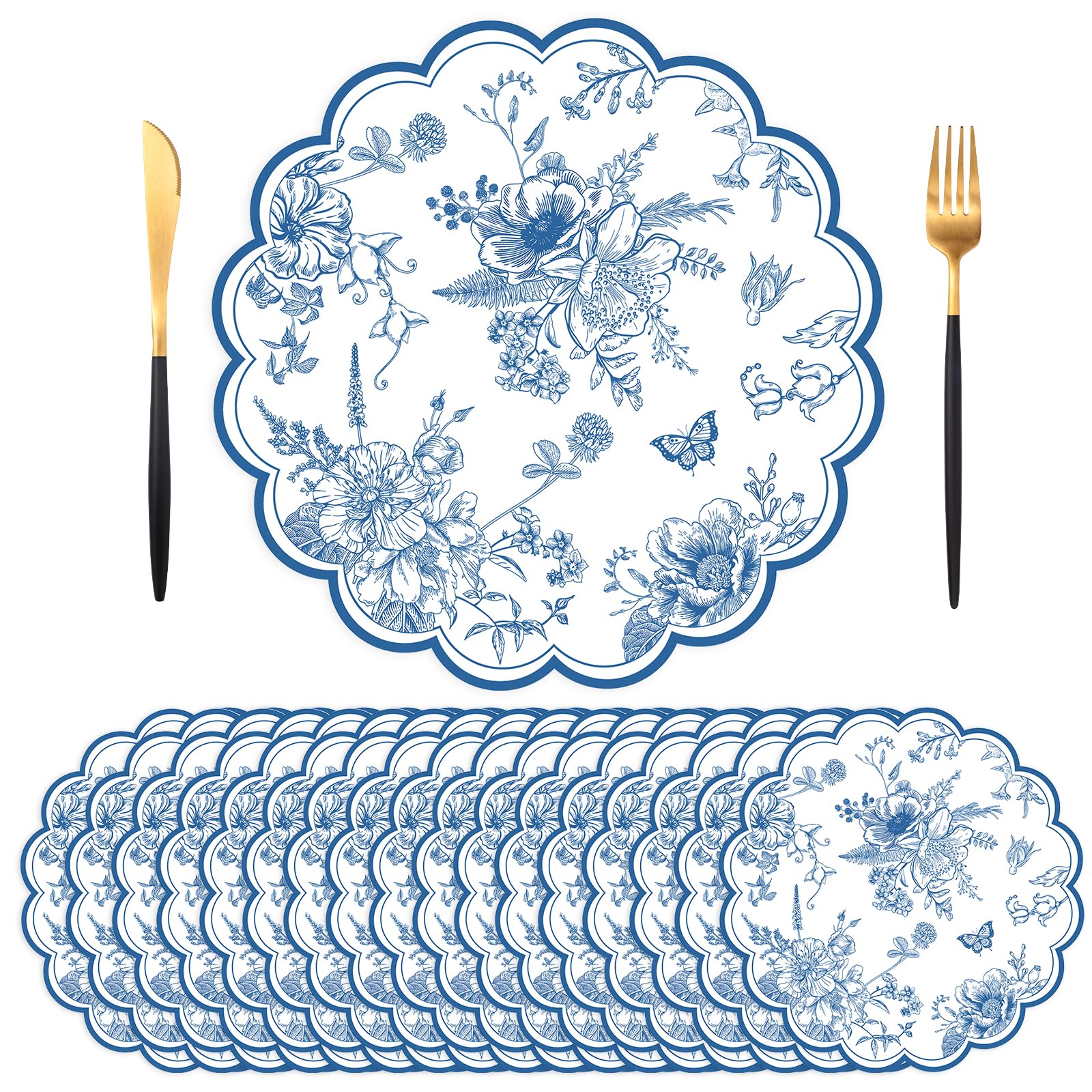 SMUAENSS 50 PCS Blue Floral Paper Placemats, 13.5 Inch Paper Placemats Disposable with Butterfly and Flowers Print, for Wedding Parties, Decor