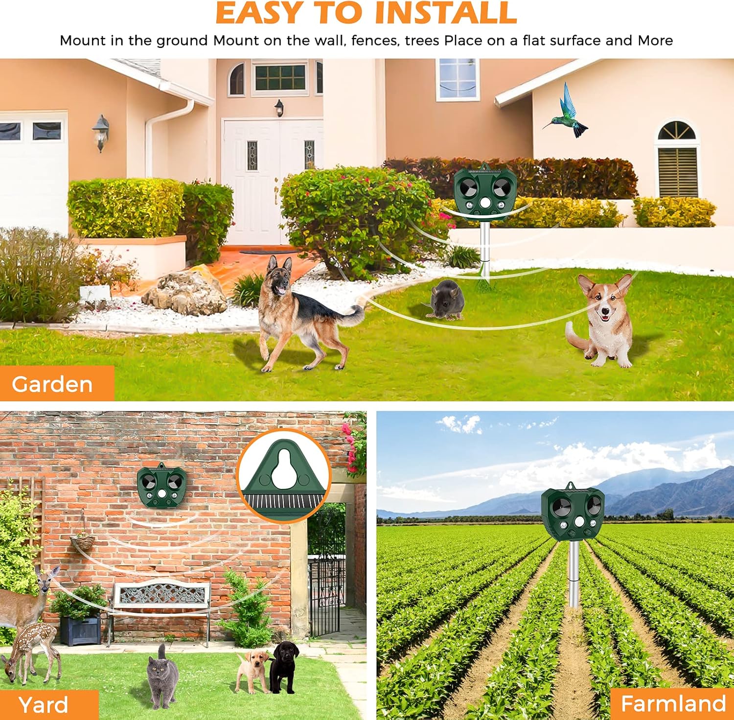60s Solar Deer Repellent Device Outdoor,Ultrasonic Animal Repeller,Bird Deterrent Devices with Motion Activated Detector Flashing Ligh,for Squirrel,Cat,Dog,Mole,Rabbit,Racoon,Rat,Snake etc. : Patio, Lawn & Garden