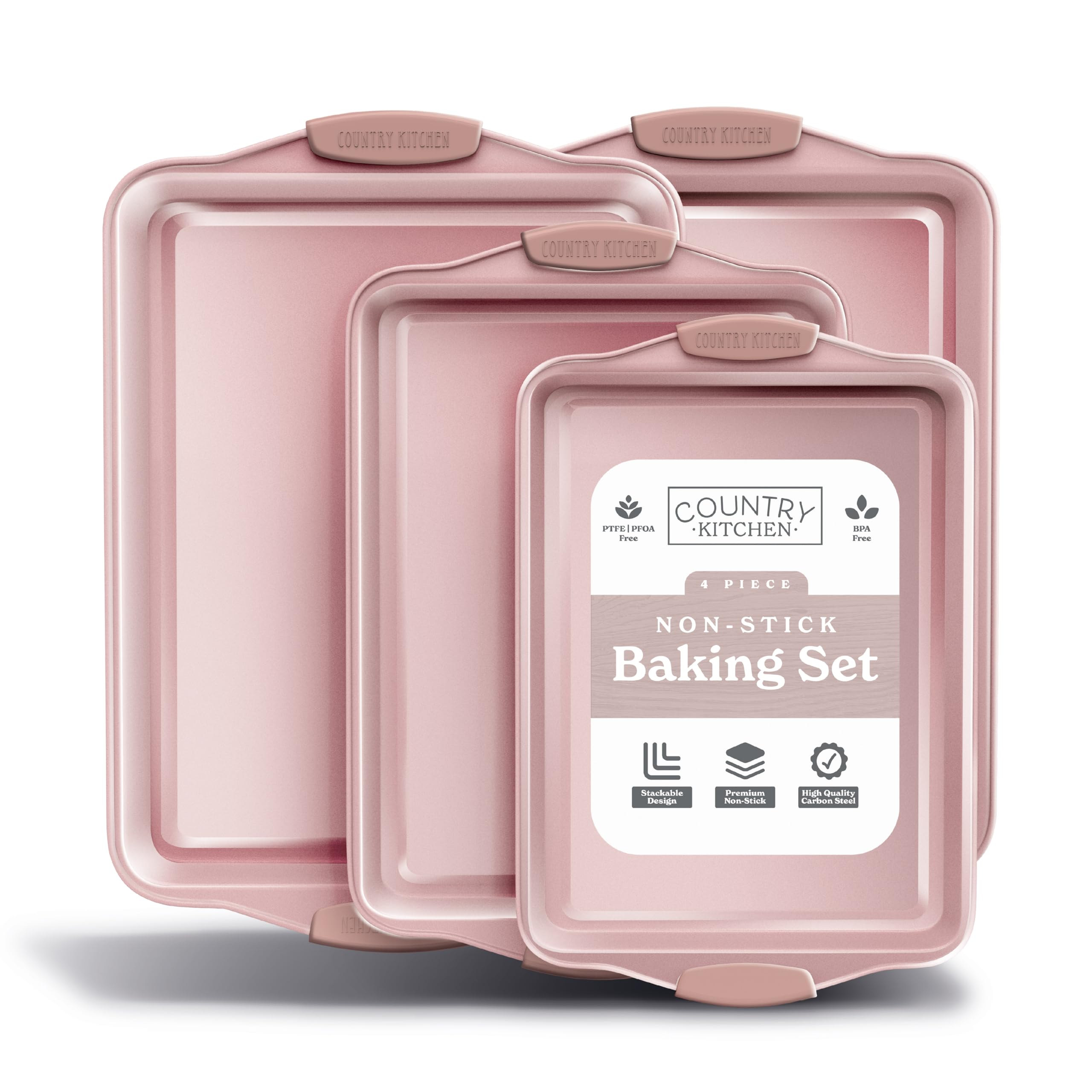 Country Kitchen Nonstick Stackable Bakeware Set - Heavy Duty, Durable, Easy Release Baking Set, Pink, 4 Pcs