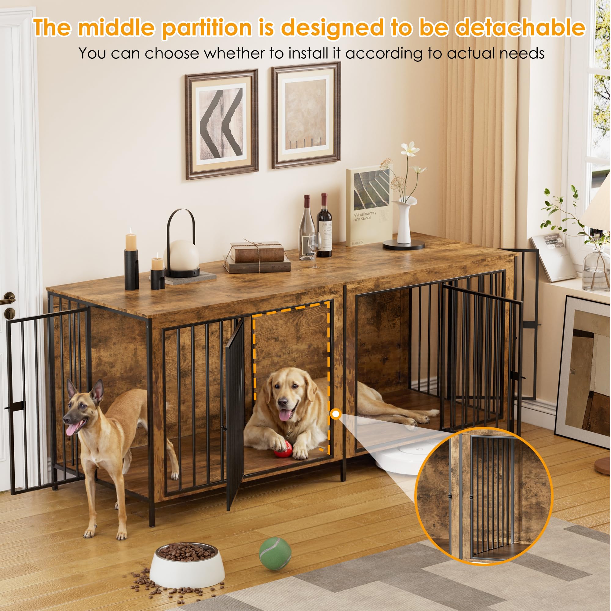 Gabbia per Cani Kennel,200CM Casetta per Cani da Interno,Gabbietta per Animali in Metallo e Legno,Tavolo Supplement,XXL Cuccia Robusta per Dog con Divisorio,Casetta per Animali,4 Porte,Fino a 100KG
