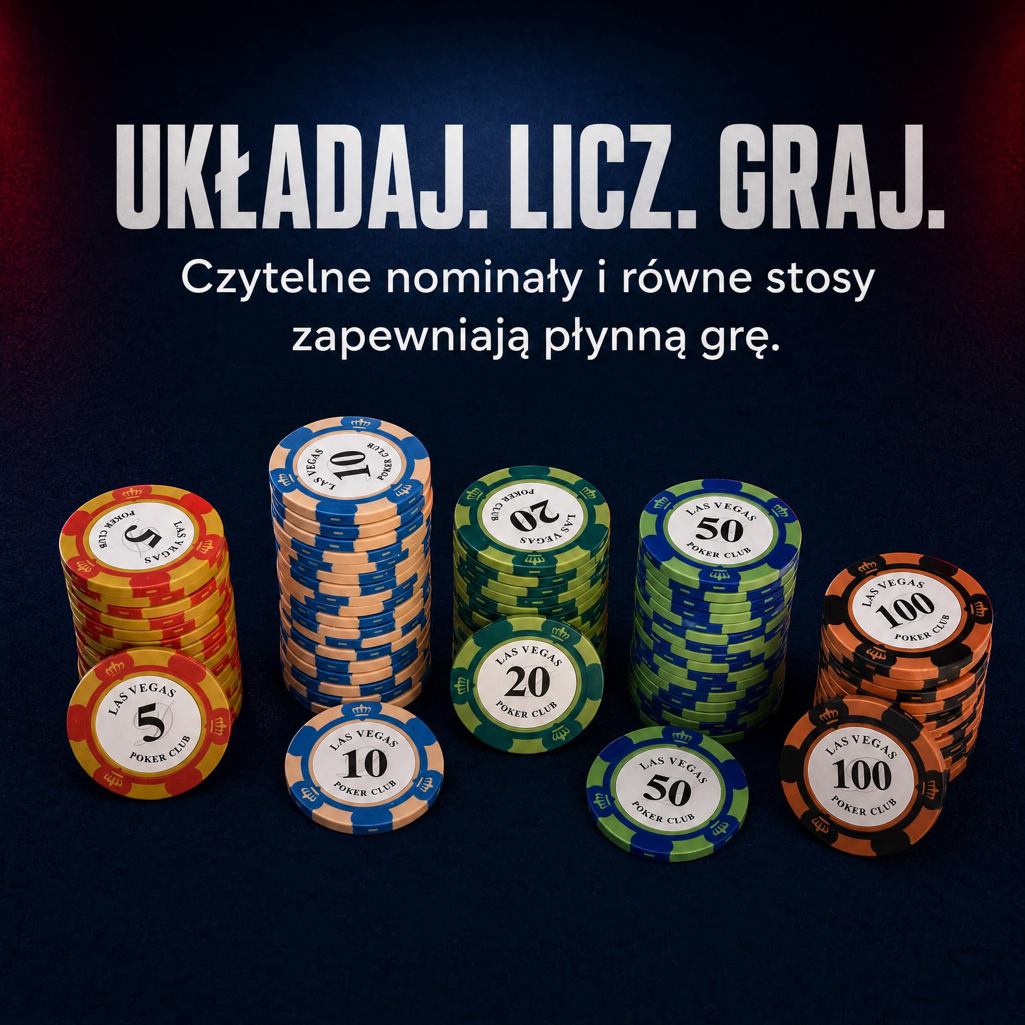 Żetony do pokera 100 szt., nominały 5–100, pudełko akrylowe | Po 20 sztuk nominałów 5, 10, 20, 50 i 100; do blackjacka, Texas Hold’em, ruletki oraz domowych wieczorów kasynowych.