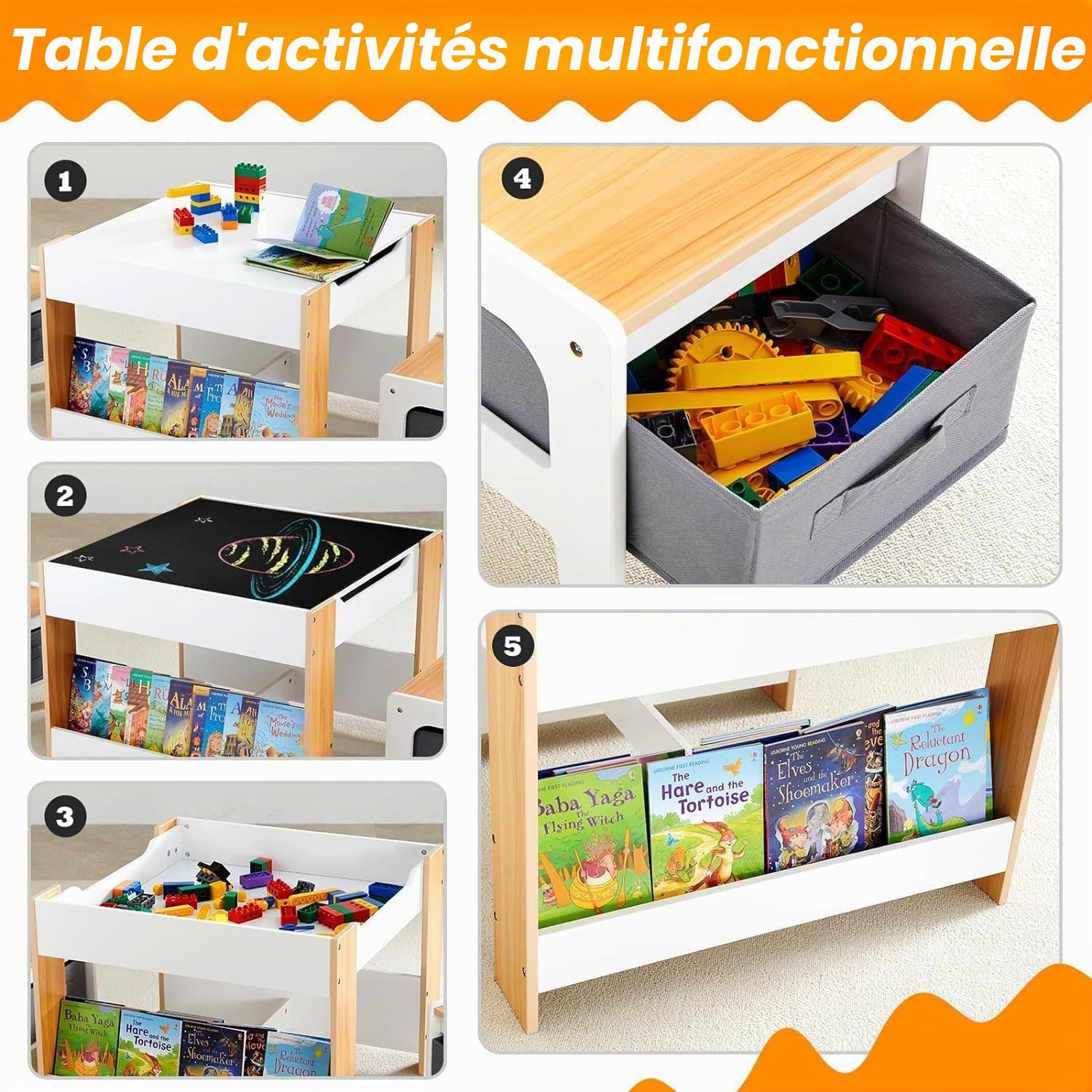 Asweets Ensemble Table et Chaises pour Enfants, Bureau 4 en 1 avec Tiroir De Rangement, Table d'Activités en Bois pour Plateau Amovible 2 en 1, avec Bibliothèque