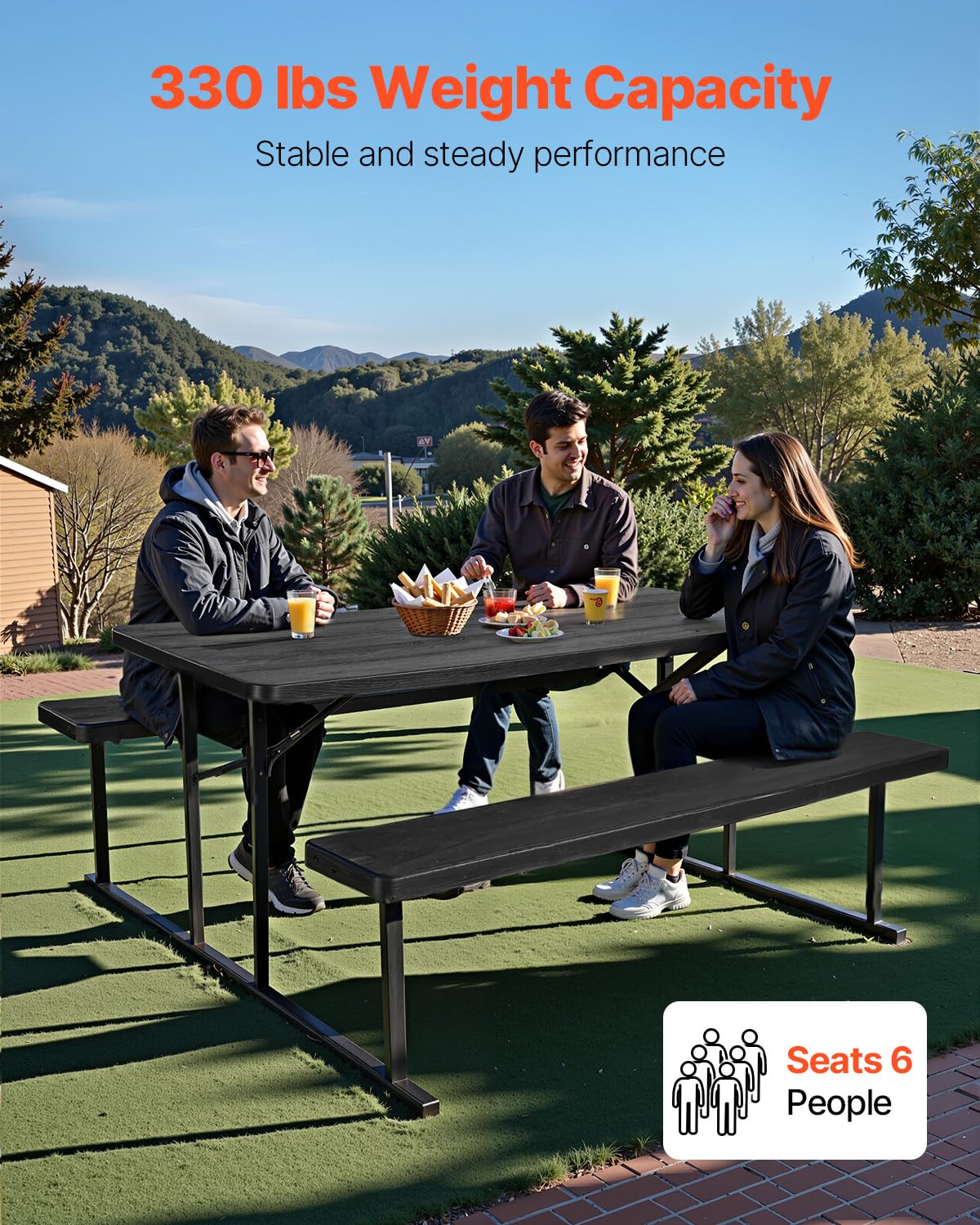 VEVOR Mesa de Pícnic Plegable 180 x 74 x 3,7 cm con Bancos de 180 x 30 x 4,5 mm Estructura de Acero Mesa de Comedor Interior Exterior con Orificio para Sombrilla para Patio, Jardín, Piscina, Negro