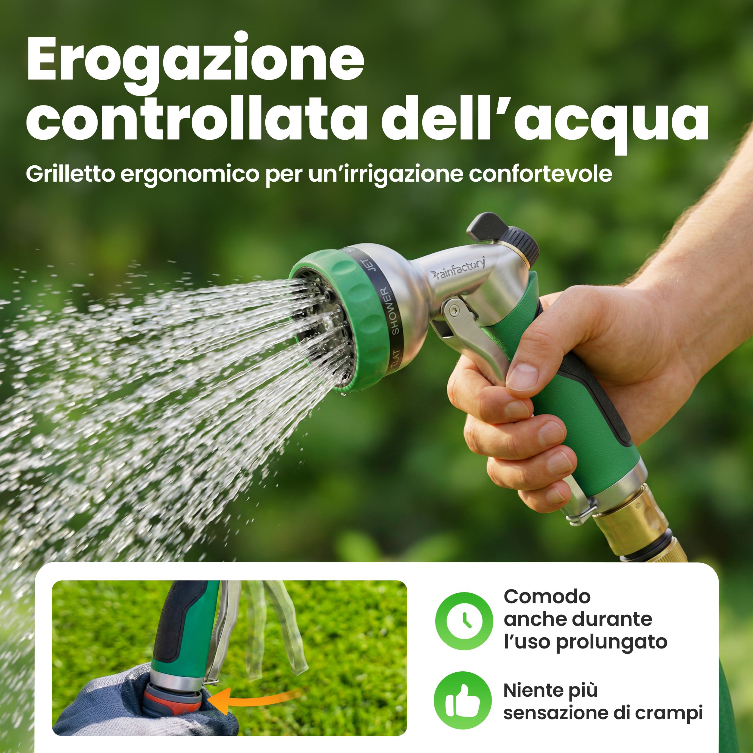 rainfactory Pistolet Tuyau d'Arrosage Métal 7 Jets Haute Pression – Pommeau Arrosage Jardin avec Régulation de Débit – Douchette Jardin Robuste pour Arrosage, Nettoyage et Lavage Auto