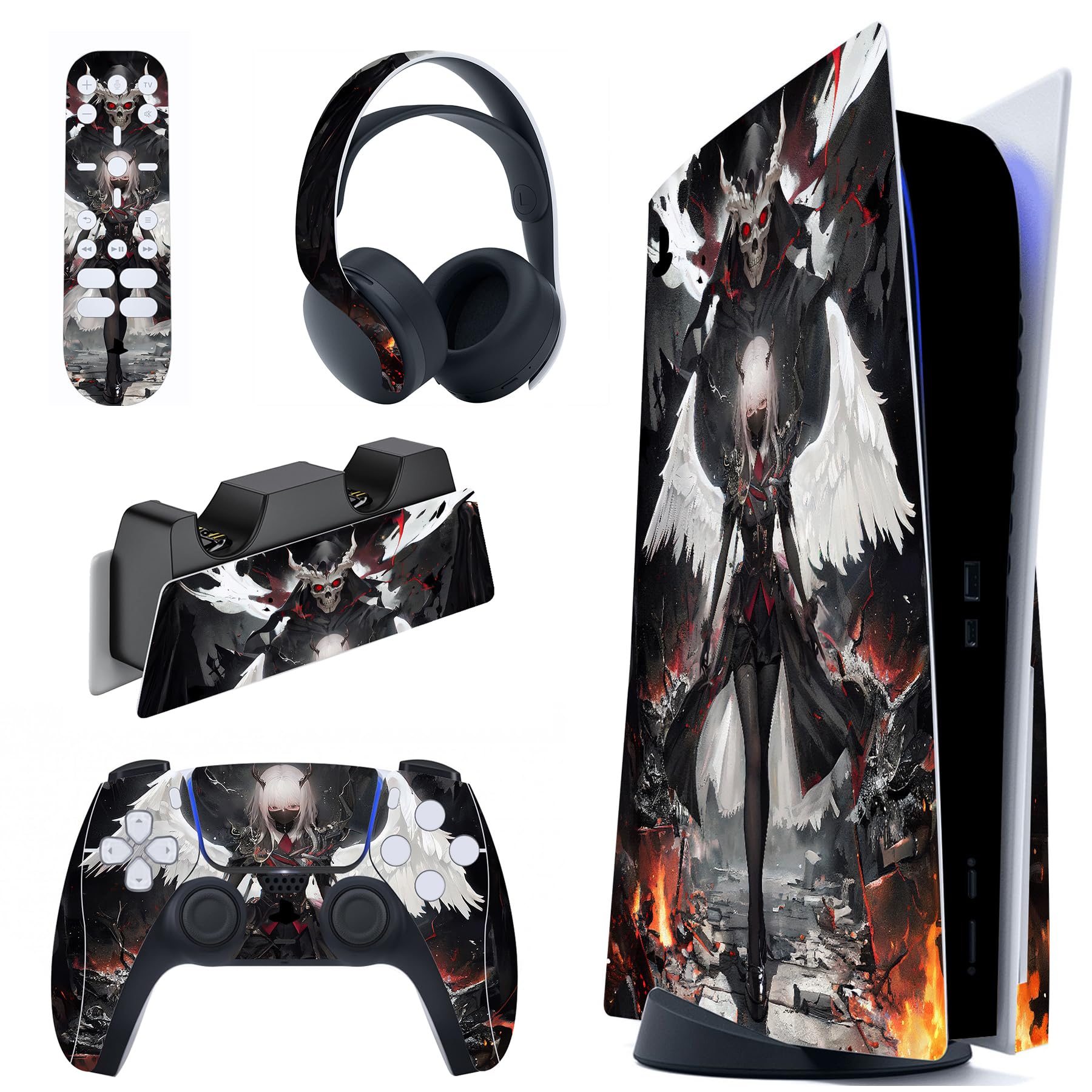 playvital Autocollant Skin pour ps5 Manette,Sticker pour ps5 Console Disc Edition & Station de Charge & Casque & Télécommande-Ange des Ténèbres
