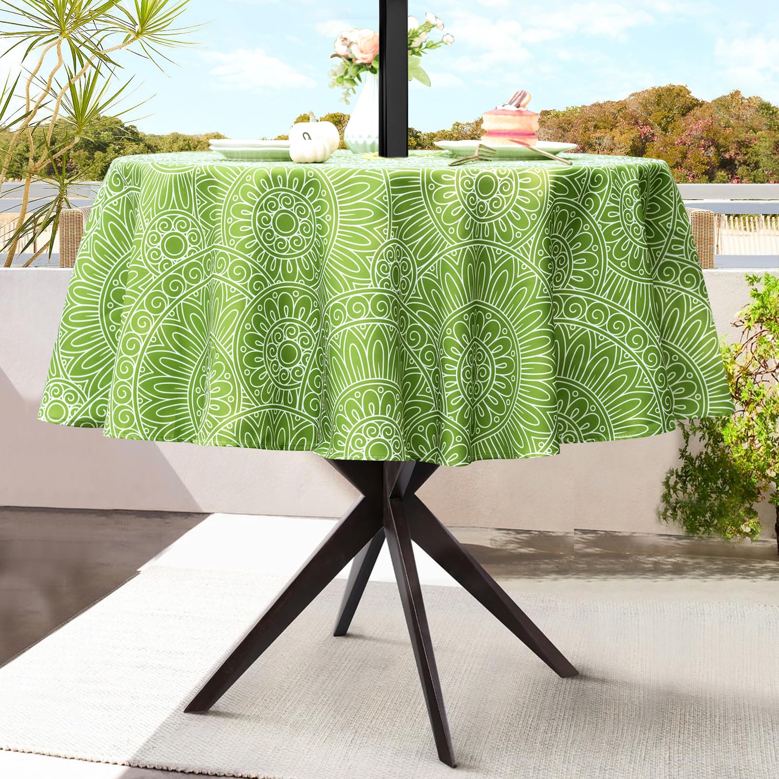 UMINEUX Outdoor Tablecloth with Umbrella Hole and Zipper, Spring/Summer Waterproof Table Cover for Picnic/BBQ/Garden(60" Round,Green Circle)