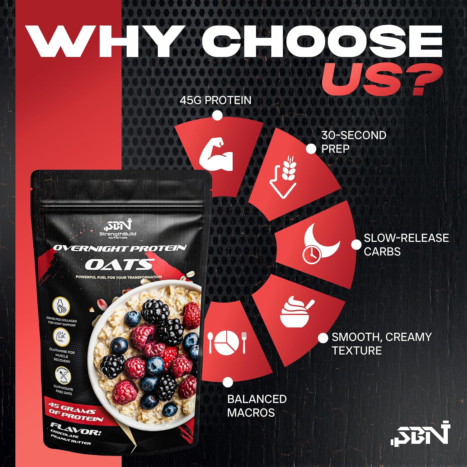 StrengthBuild Overnight Protein Oats – 45g Protein Muscle-Building Oatmeal – Clean Ingredients – Peanut Butter Chocolate – 8 Pouches