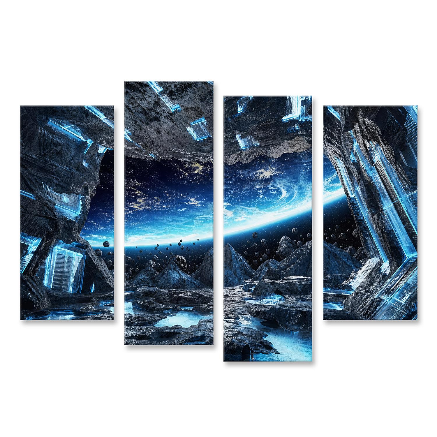islandburner Quadro su tela, paesaggio spaziale futuristico, da parete, per soggiorno, perfetto per gli appassionati di fantascienza, 4 pezzi