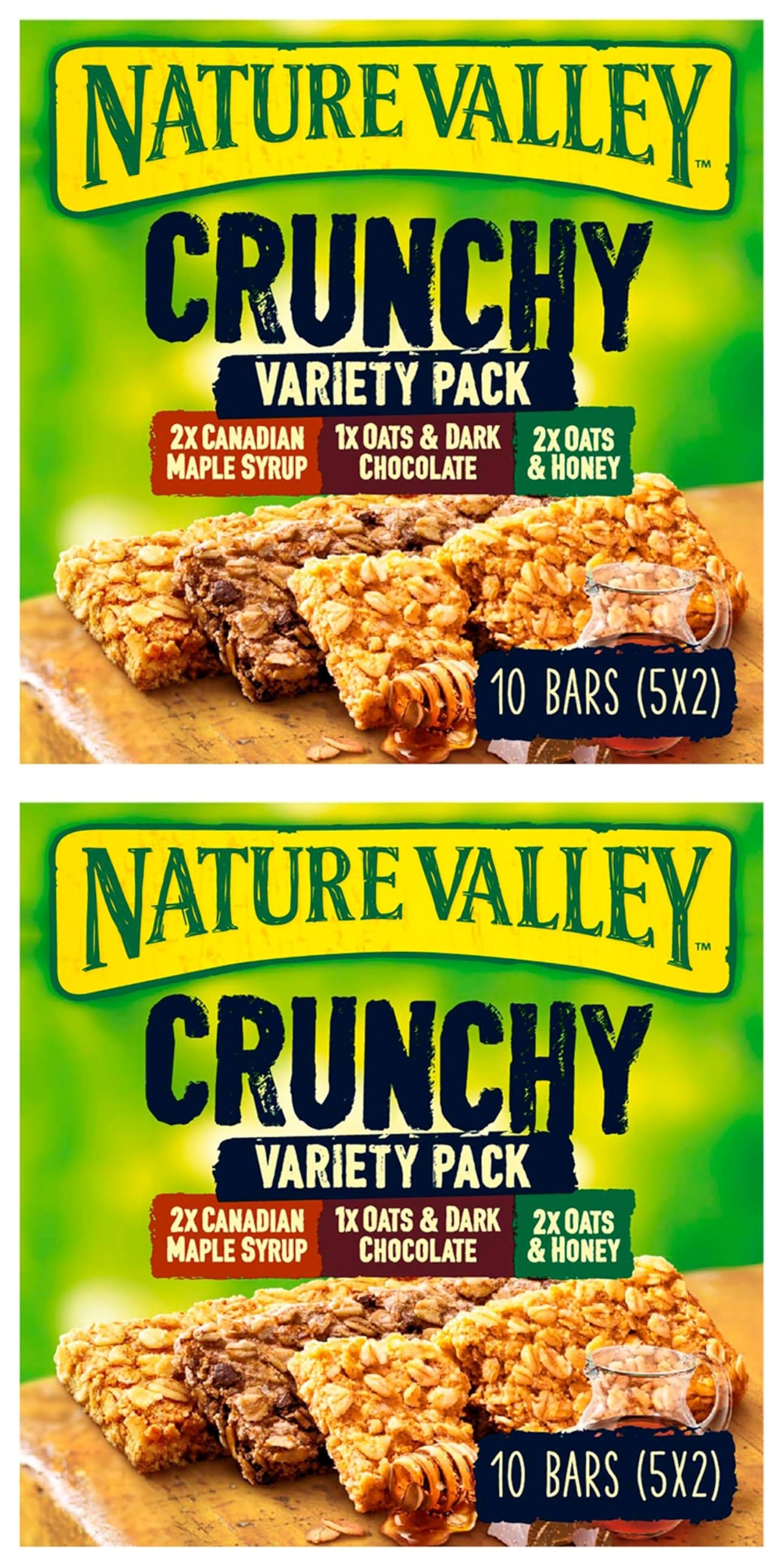 Nature Valleys Crunchy Variety Pack Includes Oats 'n Honey, Canadian Maple Syrup, and Oats & Dark Chocolate Each bar Contain Whole Grain Oats 210gm Each Pack of 2