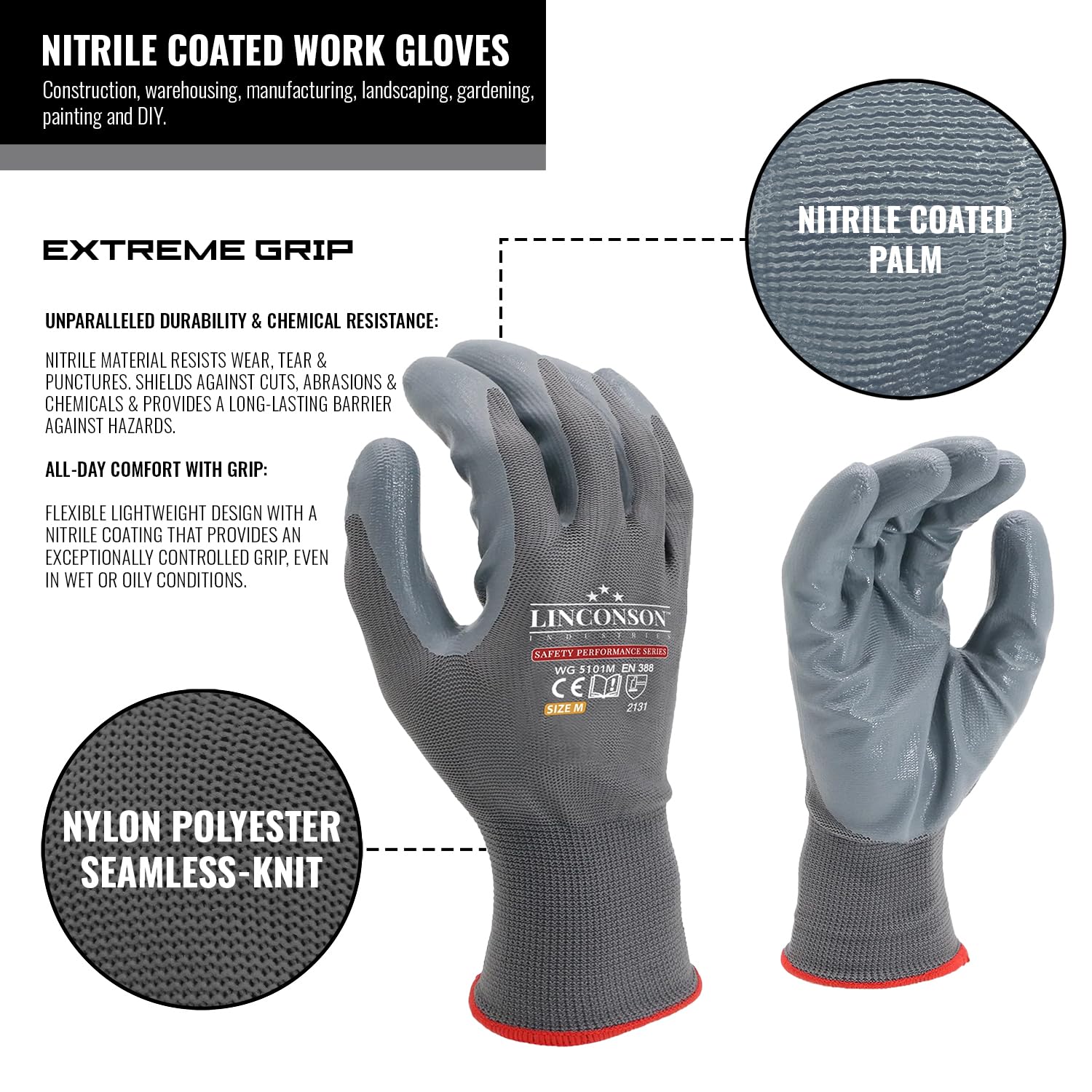 linconson 12 Pack Extreme Grip Lightweight Nitrile Coated Construction & Mechanics Work Gloves (Grey (12 Pack), Medium)