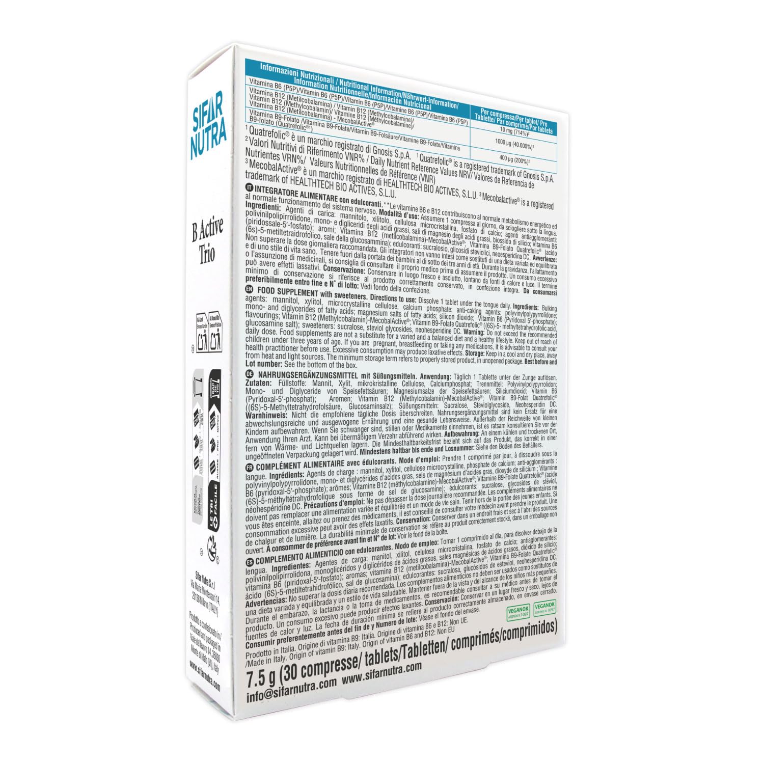 Sifar Nutra B Active Trio | B12 (metilcobalamina), folato e B6 (P5P) | vegano | assorbimento elevato| l'immunità stanchezza funzione psicologica |90 compresse sublinguali (3 Confezioni)