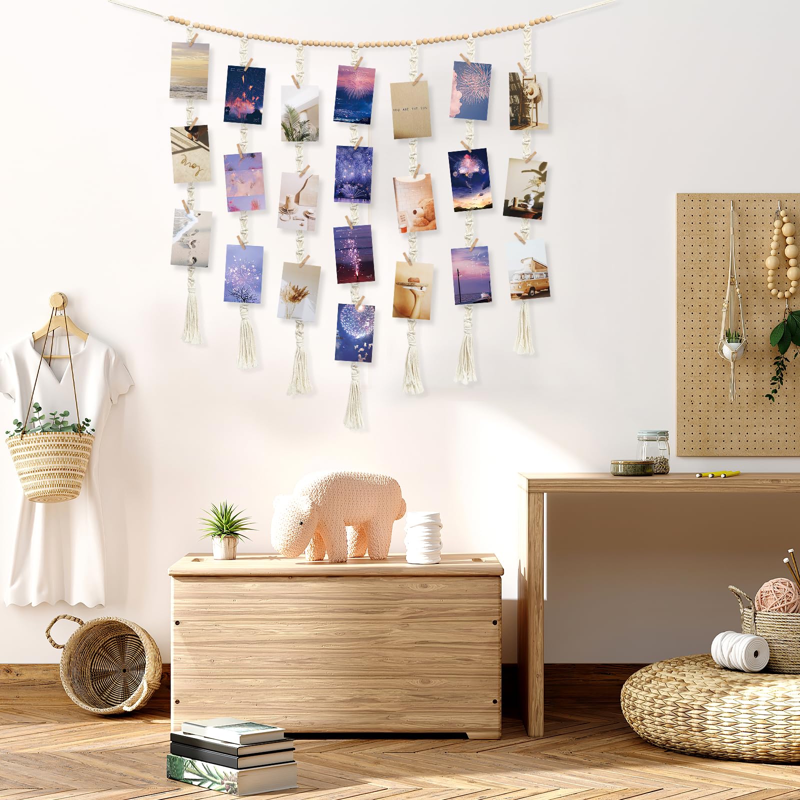 Espositore Foto Da Parete In Stile Boho, 22 Clip In Legno, Ghirlanda Con Perline, Lunghezza 186 Cm, Per Decorazione Casa - 2