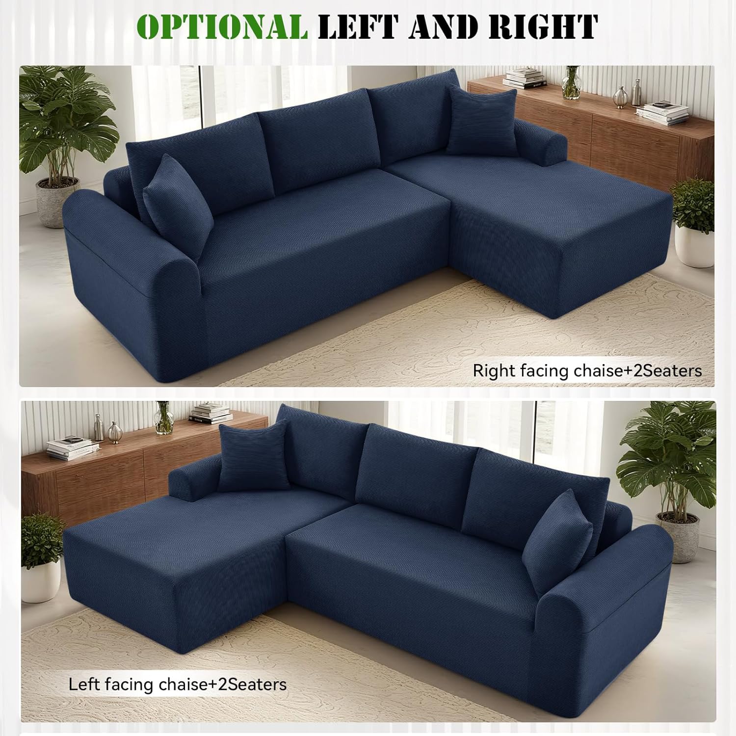 Modular Sectional Sofa with Chaise, Cloud Sectional Couch with Deep Seat, Modular L-Shape Sofa Corduroy Boneless Couch for Living Room,Bedroom,No Assembly Required(Navy Blue, Left Facing Chaise)