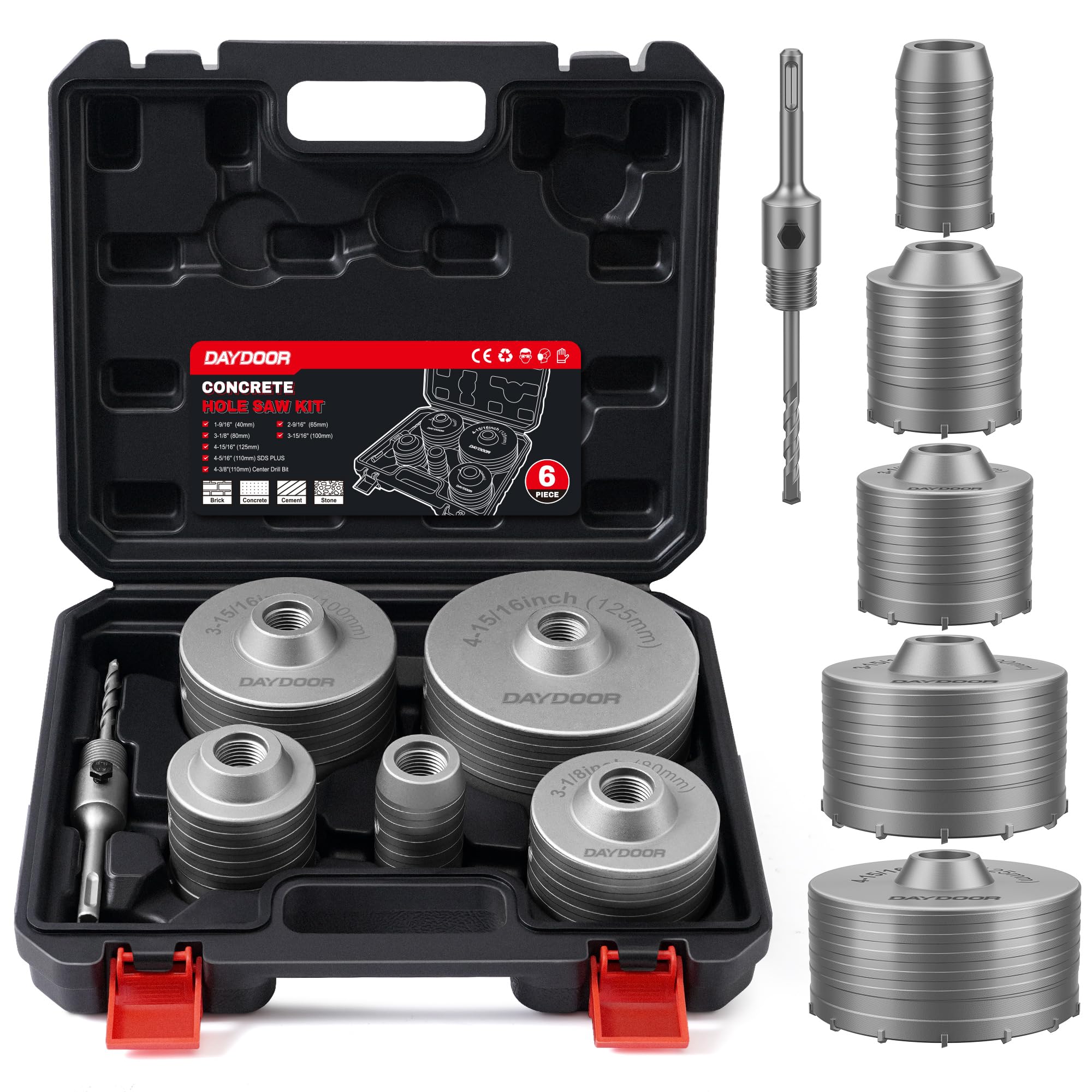 DAYDOOR Concrete Hole Saw Kit, 6-Piece Masonry Hole Saw Kit SDS Plus Shank Adapter, 1-9/16", 2-9/16", 3-1/8", 3-15/16", 4-15/16" Concrete Core Drill