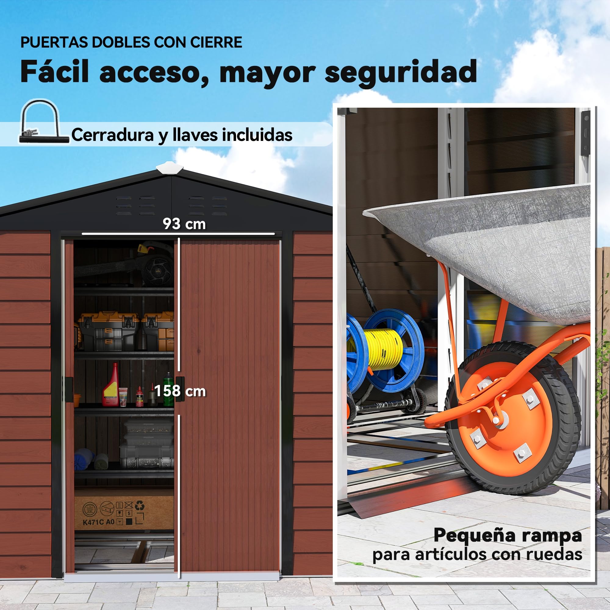 Outsunny Caseta de Jardín Exterior 4,4 m², 240x206x198 cm, Cobertizo de Jardín Exterior Metálico con Base Refuerzo (Suelo NO Incluido), Puerta Corredera con Cerradura y 4 Ventanas para Patio, Teca
