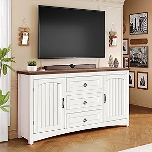 DWVO Television Stand for 65" TVs, Farmhouse Entertainment Center with 3 Drawers & 2 Cabinets, Rustic Living Room Media Console Table w/Storage, Wooden Buffet Sideboard Cabinet for Dining Room, White