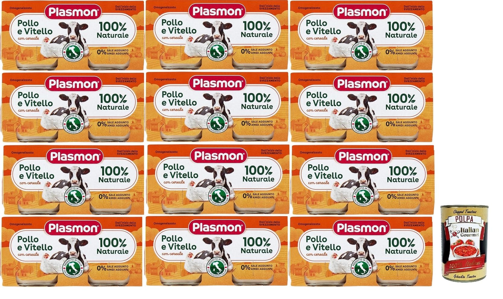 Plasmon Carne Pollo Vitello e cereale 12x (2x80g) Mit italienischem Fleisch, 100% natürlich, ohne Stärken und Räume hinzugefügt + Italian Gourmet polpa 400g