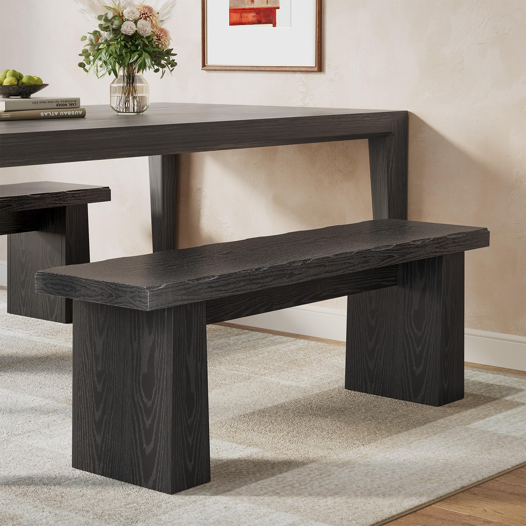 LITTLE TREE 47-Inch Wooden Entryway Bench, Farmhouse Dining Bench with Sturdy Frame for Dining Room, Bedroom, Living Room Hallway Kitchen, Easy Assembly (Black)